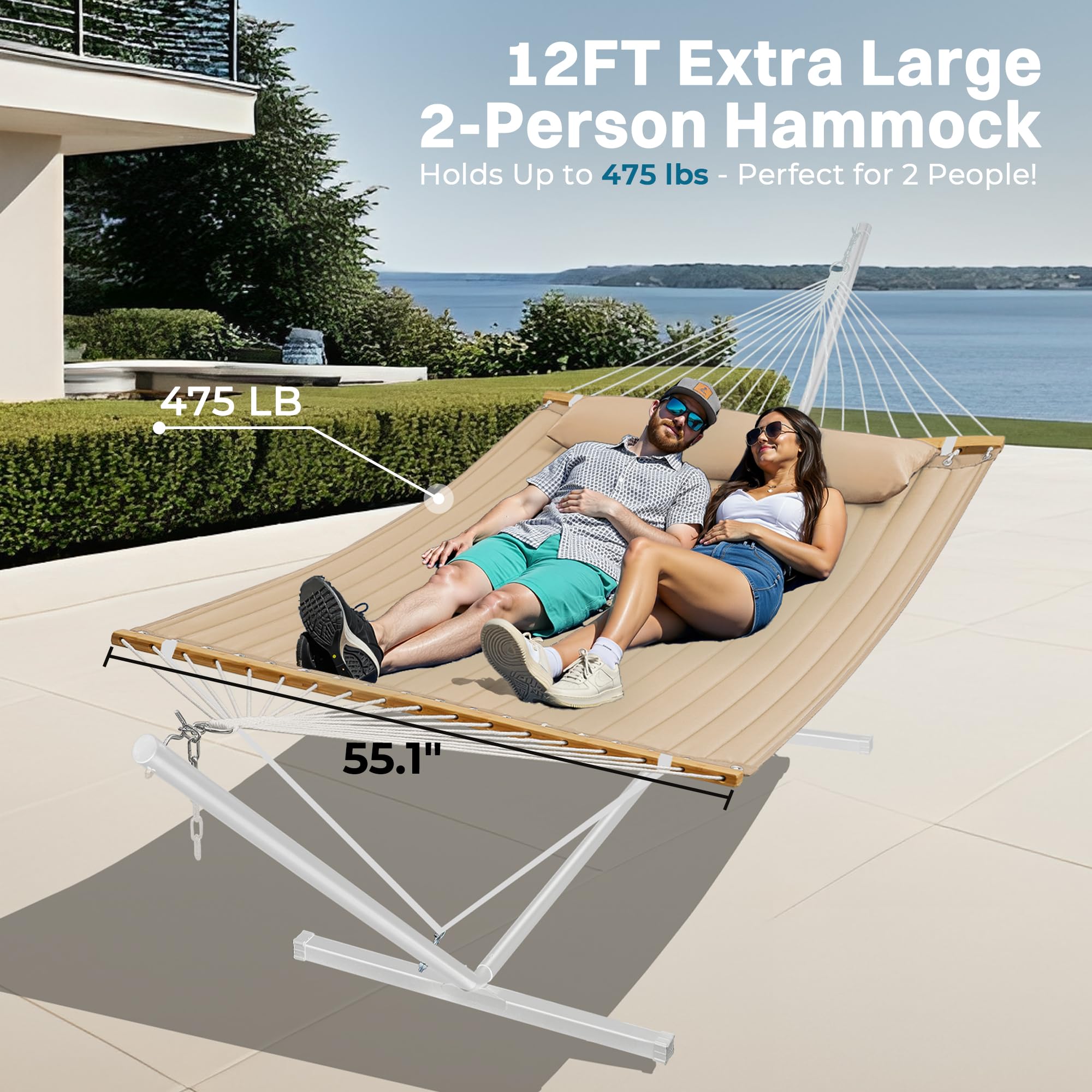 SUPERJARE Hammock with Stand, 2 Person Quilted Outdoor Hammock, Detachable Pillow & Bamboo Spreaders, Portable Hammock with Carrying Bag, Heavy Duty Stand, Perfect for Outside, Patio, Aqua Blue