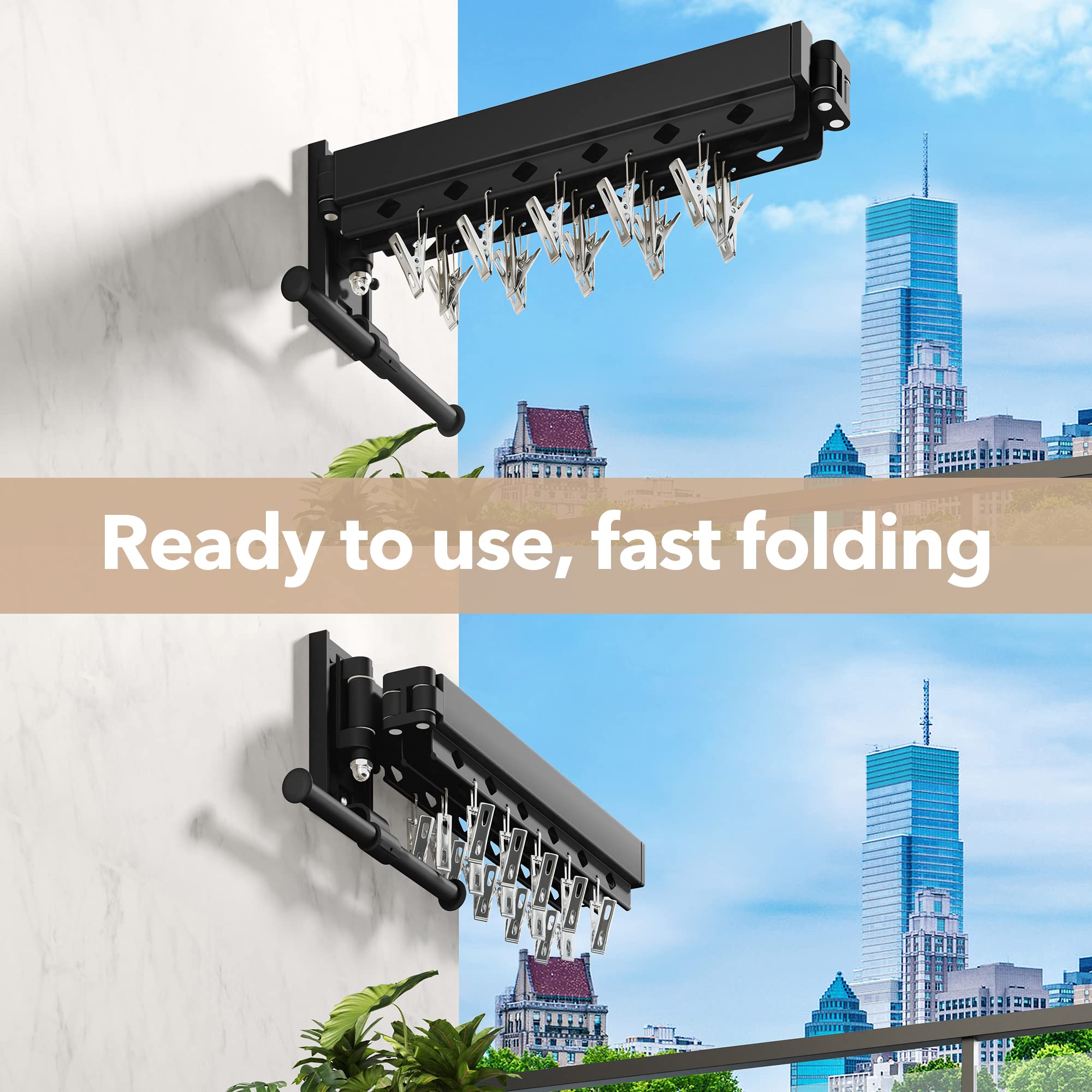 HEILAIYI Clothes Drying Rack for Laundry,Wall Mounted Clothes Hanger Rack,Folding,Retractable,Collapsible(J Shape Hooks)