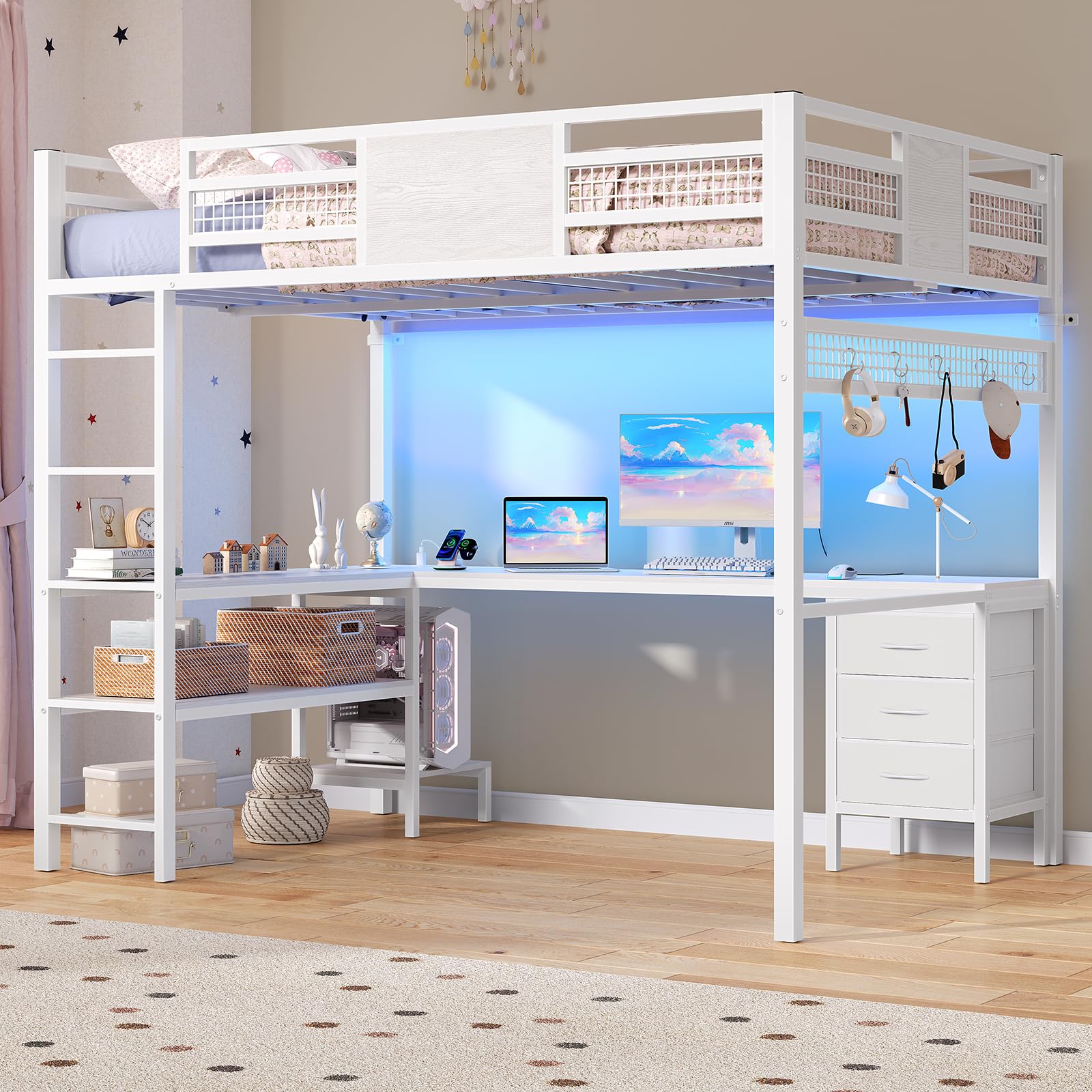 ADORNEVE Loft Bed Full Size with L-Shaped Desk, 3 Storage Drawers, Power Outlet, 3 Storage Shelves, Metal Loft Bed Frame with RGB Lights, Bed with Safety Guardrail & Ladders,Space-Saving, Grey