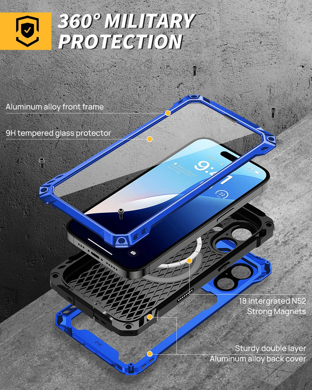 Lanhiem for iPhone 16 Metal Case with Camera Cover & Stand [Compatible with MagSafe] [Built-in Kickstand] [Military-Grade Protection] Heavy Duty Rugged Magnetic Phone Case, Black