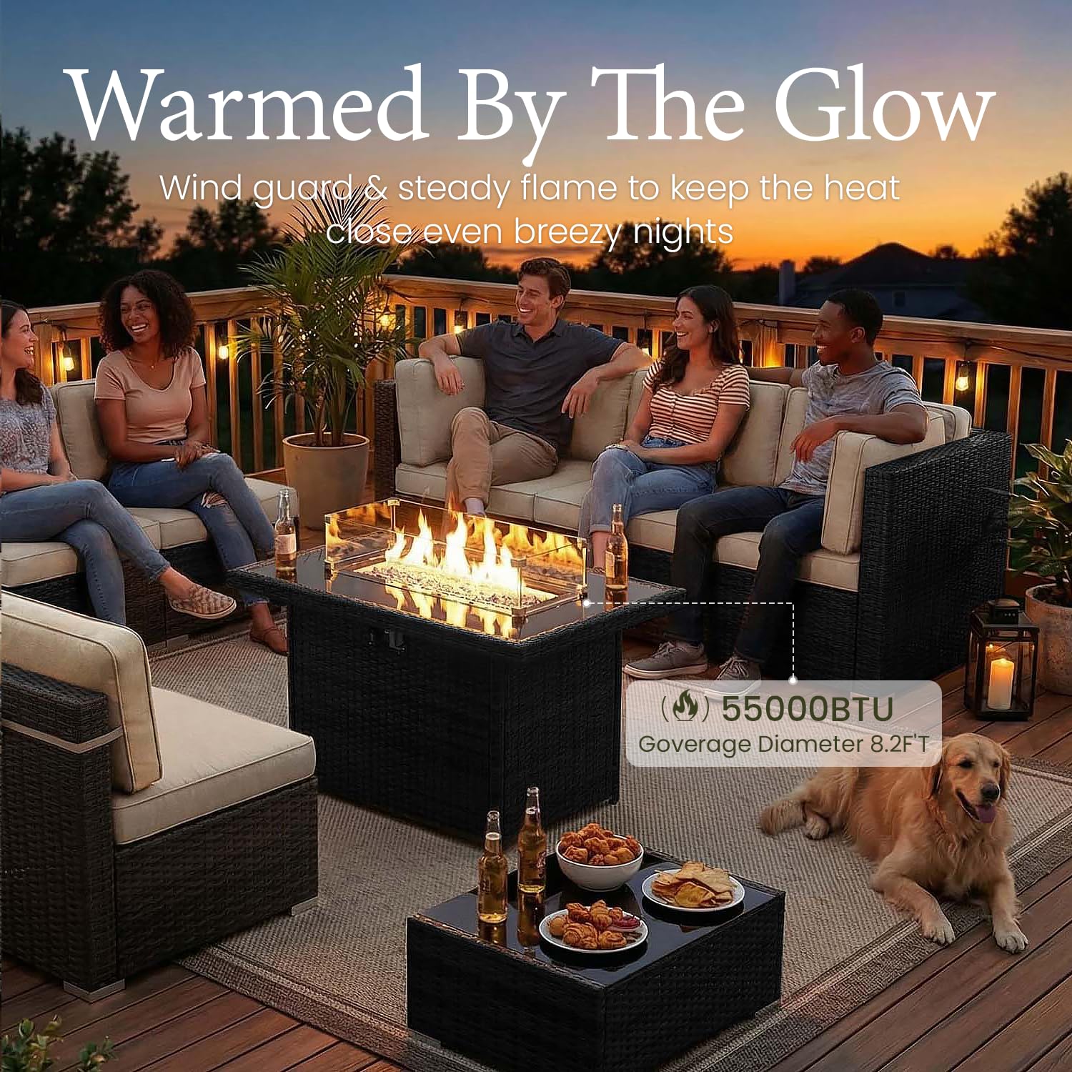 LayinSun 7 Pieces Outdoor Patio Furniture Set with 44" Fire Pit Table Rattan Sectional Sofa Conversation Sets