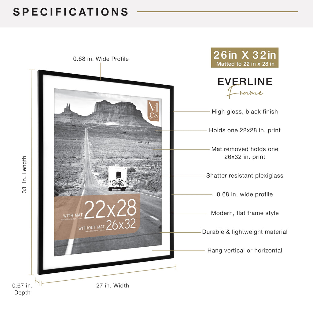 MCS Everline Collection 14x20 Matted Poster Frame with 11x17 Picture Display, Black Vertical & Horizontal Wall Hanging Large Frame for Photos, Posters & Art Prints (1-Pack)