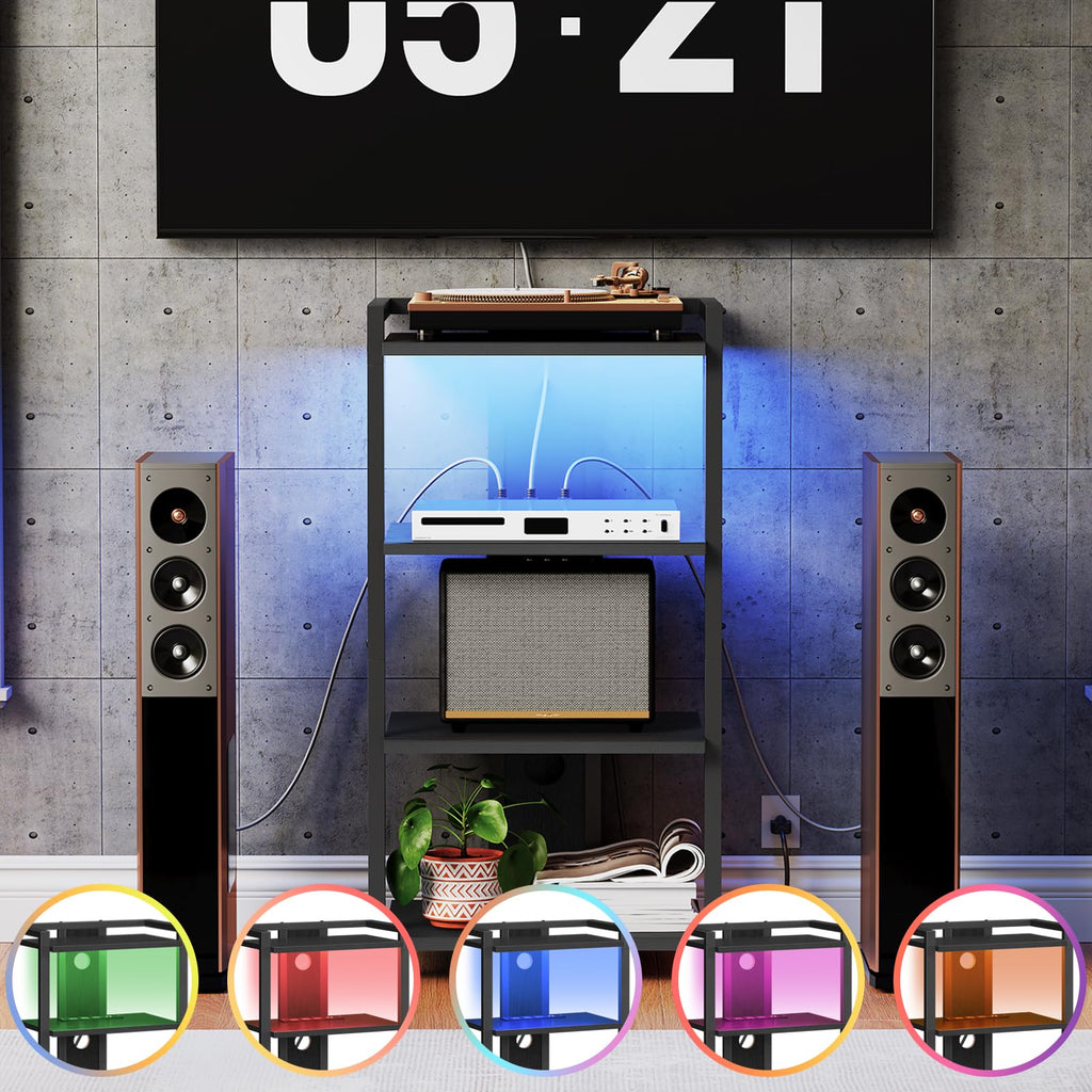 HOOBRO Game Console Shelf, 4-Tier Video Gaming Consoles Stand with Outlet & RGB Light, Audio Rack Tower for Turntable, Stereo Equipment, Wooden Entertainment Storage Stand, Black BB38UDCJ01