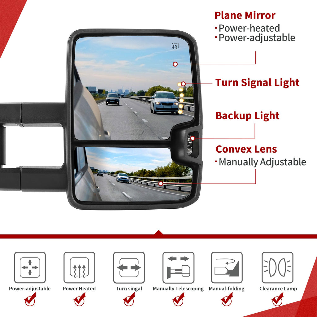 YITAMOTOR Towing Mirrors Compatible with 07-13 Silverado 1500 2500 3500 Tahoe Suburban Avalanche GMC Sierra Yukon Cadillac LED Turn Signal Light Power Heated Manual Telescoping Folding