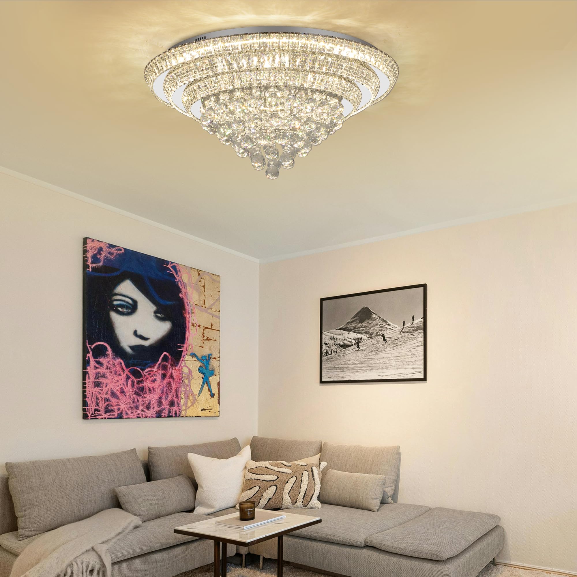 COCOSTAR 20" Gold Crystal Chandeliers, Flush Mount Chandelier LED Ceiling Light, Modern Crystal Raindrop Chandeliers for Dining Room, Living Room, Bedroom