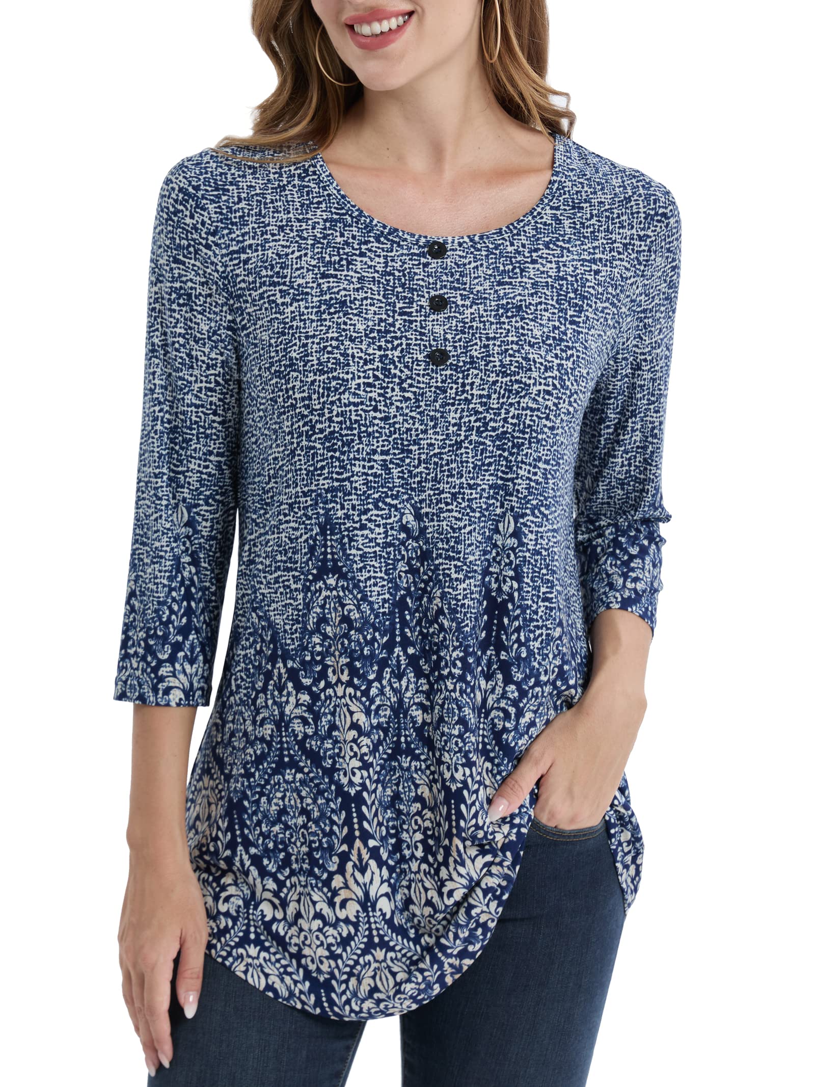 BAISHENGGT Womens Tops 3/4 Sleeve Round Neck Casual Tunic Tops Fall Fashion 2025 Dressy Casual Blouses
