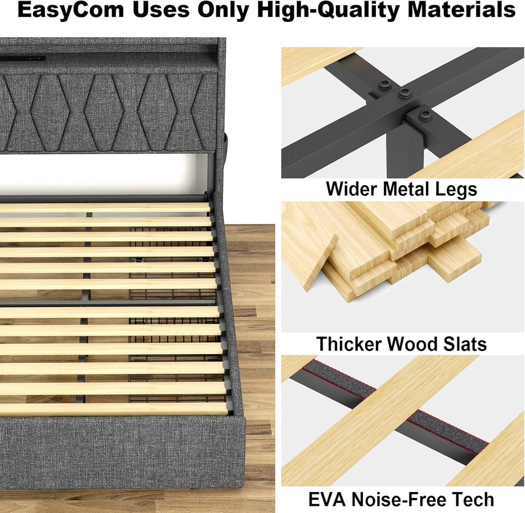 Queen Bed Frame 1500LBS Heavy Duty, 2-Tier Storage Headboard & 4 Drawers, Upholstered Metal Platform with Thicker Wooden Slats, Charging Station & LED Lights, No Box Spring Needed, Easy Assembly, Grey
