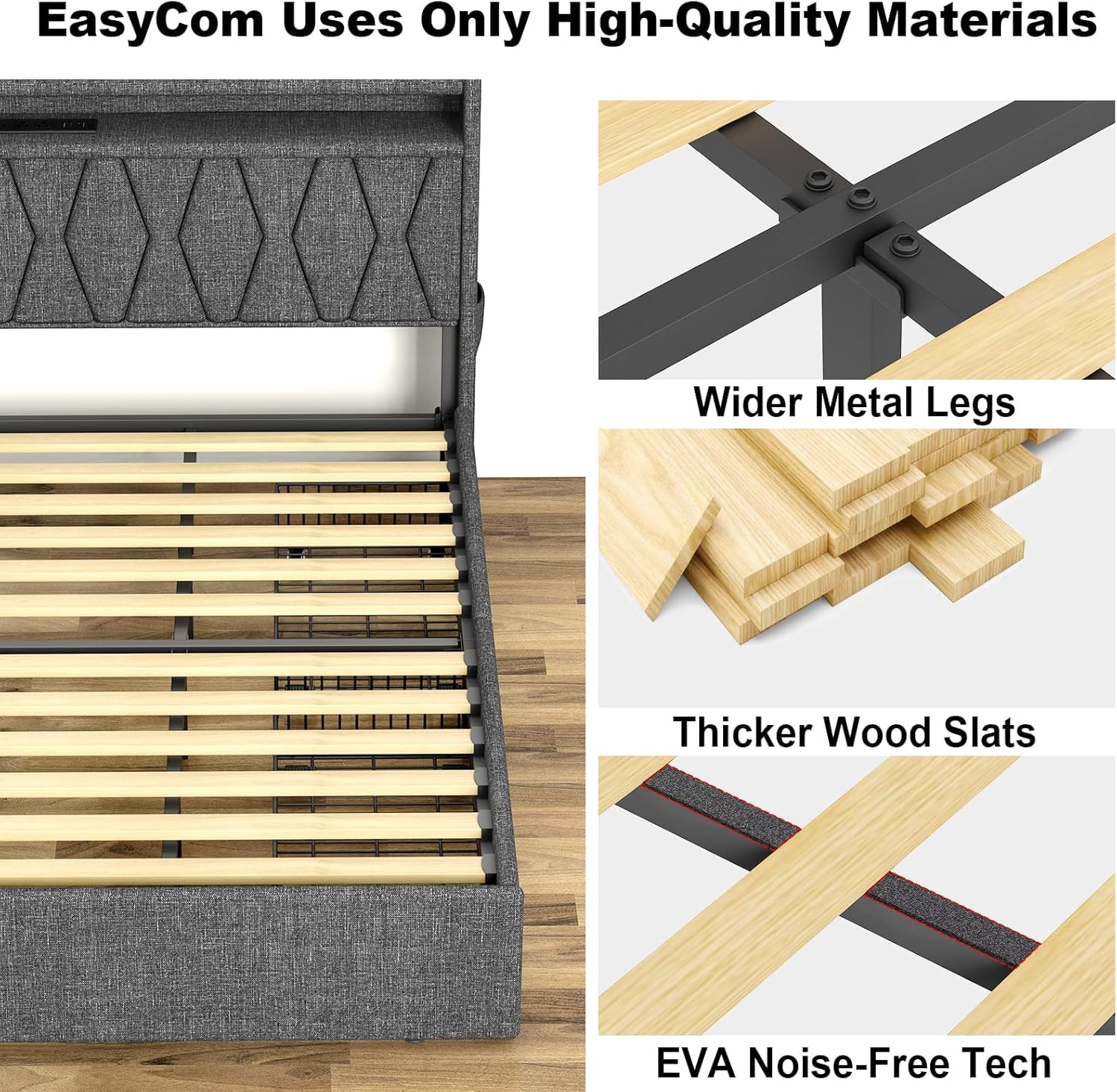 Queen Bed Frame 1500LBS Heavy Duty, 2-Tier Storage Headboard & 4 Drawers, Upholstered Metal Platform with Thicker Wooden Slats, Charging Station & LED Lights, No Box Spring Needed, Easy Assembly, Grey