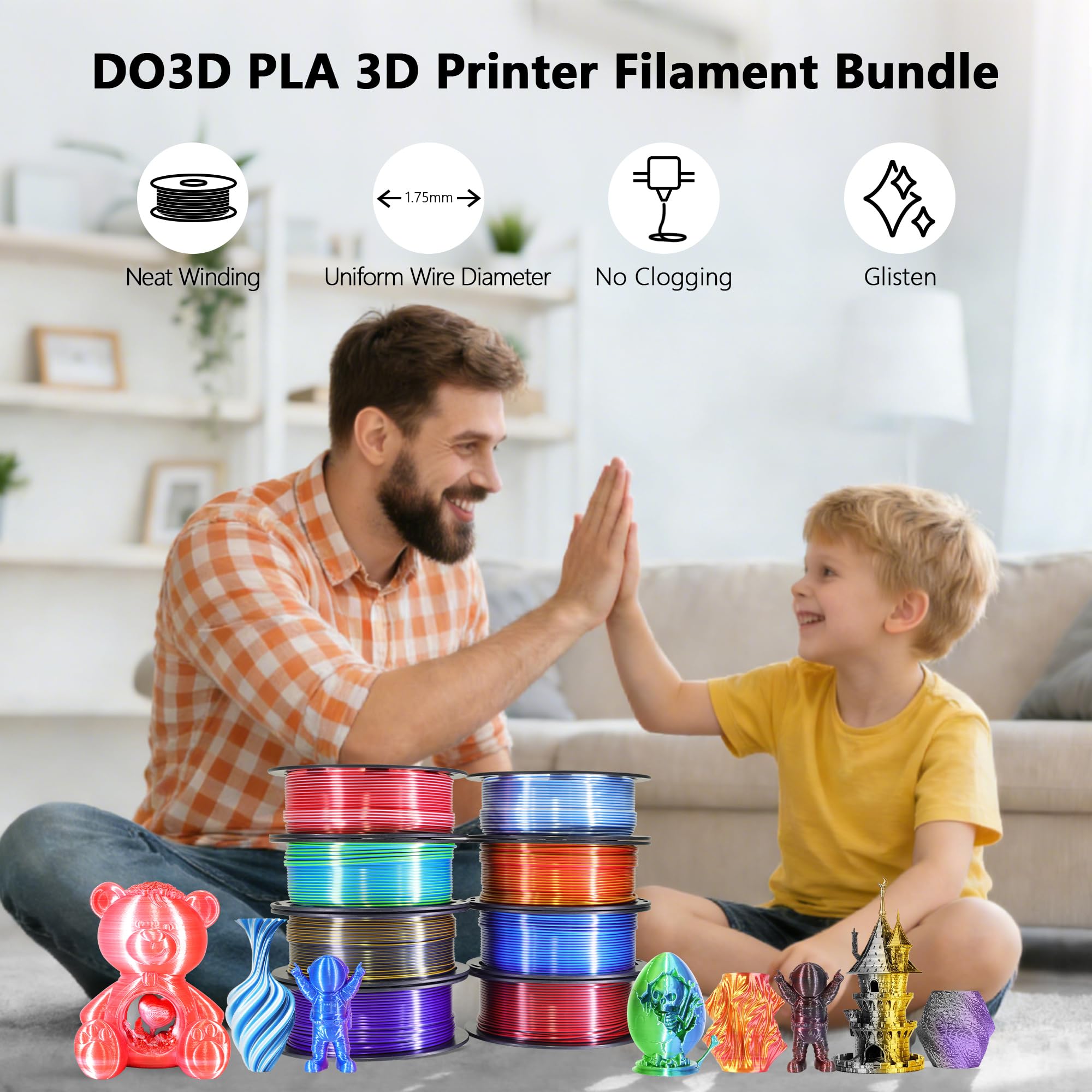 1.75mm PLA 3D Printer Filament Bundle: Glow in Dark Green/Blue/Purple/Rainbow, One Spool Clear Multi Colored, Each Spool 250g, Total 1.25Kg 3D Printing Material, 250g x 5 Spools Glow in Dark PLA