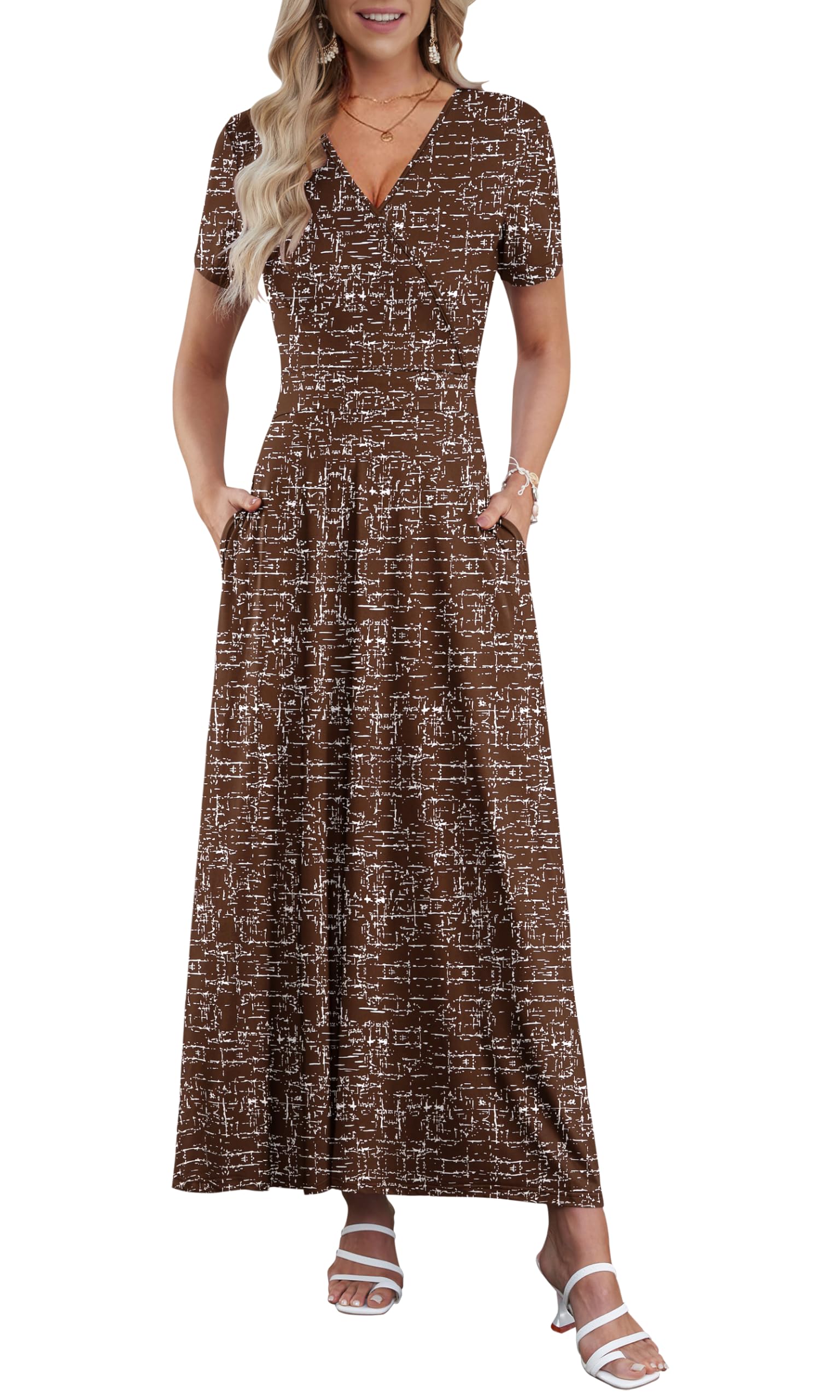 AUSELILY Maxi Dresses for Women Ankle Length Floral Print Beach Long Flowy Dress with Pockets