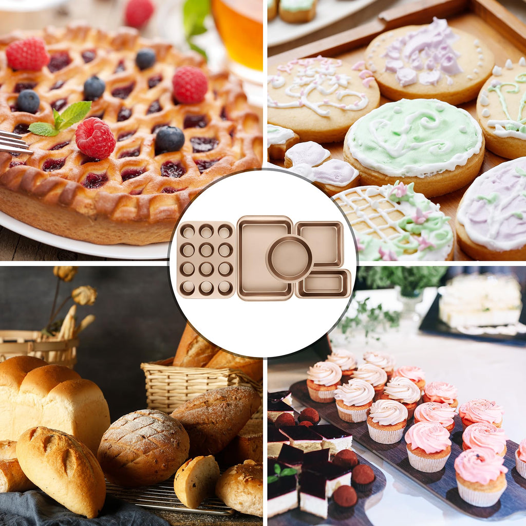 mobzio Kitchen 5-Piece Nonstick Bakeware Set - Round/Square Cake Pans, Muffin Pan, Loaf Pan, Roast Pan & Baking Sheets