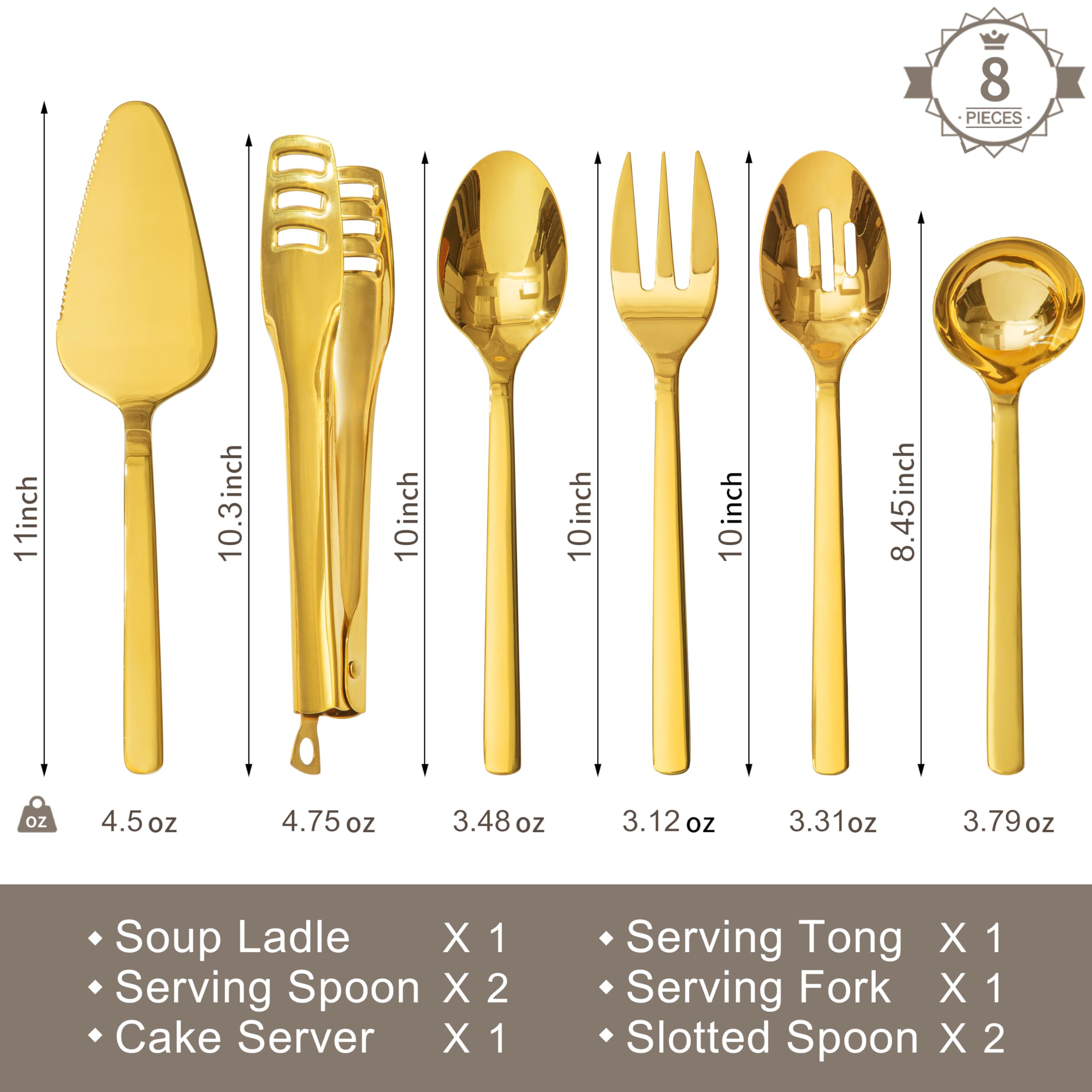 KINGSTONE Large Hostess Gold Serving Utensils Set,18/10 Stainless Steel Heavy Duty 10inch Serving Spoons,Slotted Spoons,Serving Fork,Serving Tongs, Cake Pie Server For Buffet, Wedding, Party