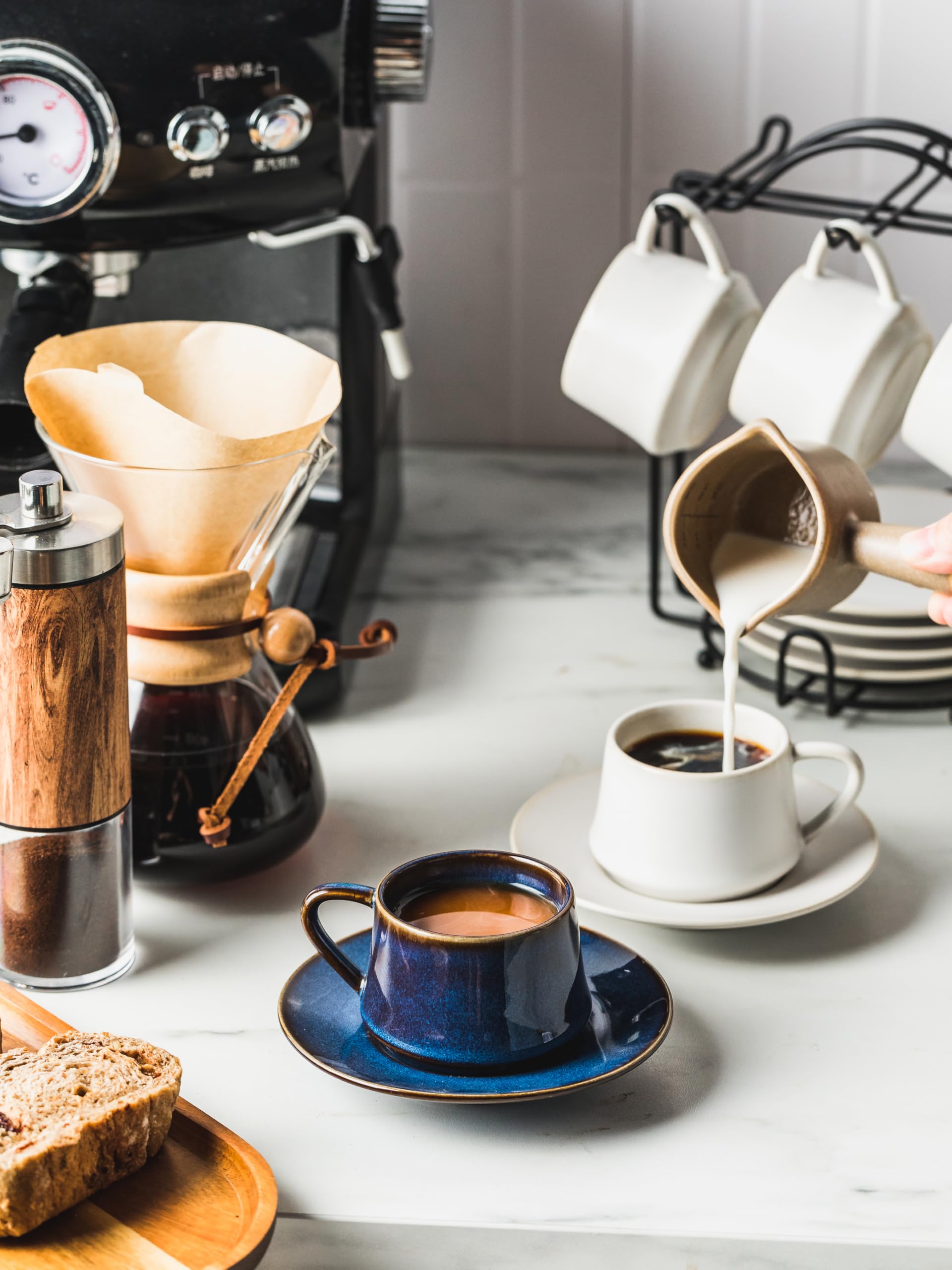 YHOSSEUN Ceramic Espresso Cups Set of 6, 4 OZ Expresso Shots Cup with Stand, Saucers & Spoons, Small Coffee Cup Demitasse Cups for Father's Day, Espresso Accessories for Machine, Black