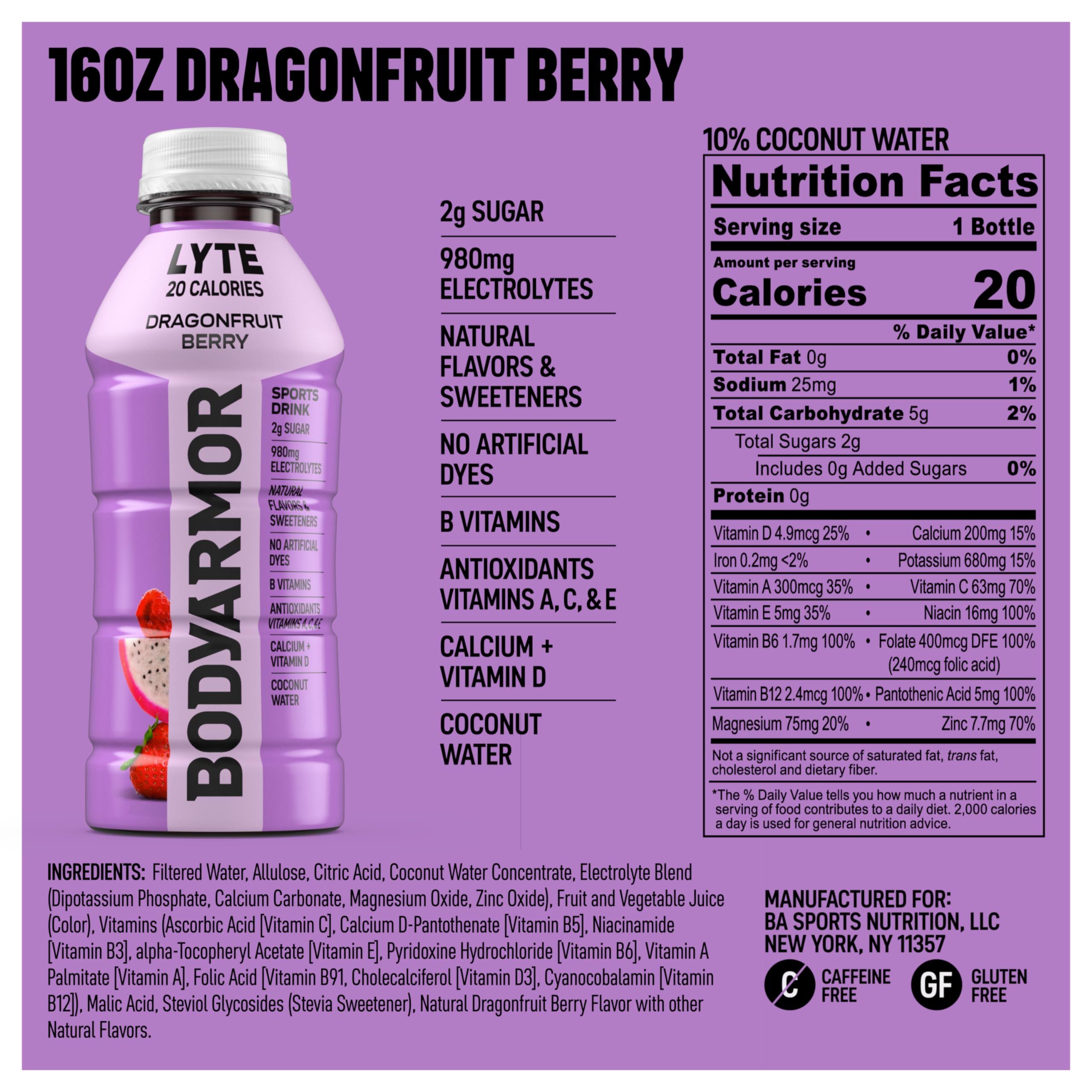 BODYARMOR Lyte Sports Drink Low-Calorie Beverage, Blueberry Pomegranate, Coconut Water Hydration, Natural Flavors with Vitamins, Potassium-Packed Electrolytes, 16 Fl Oz (Pack of 12)