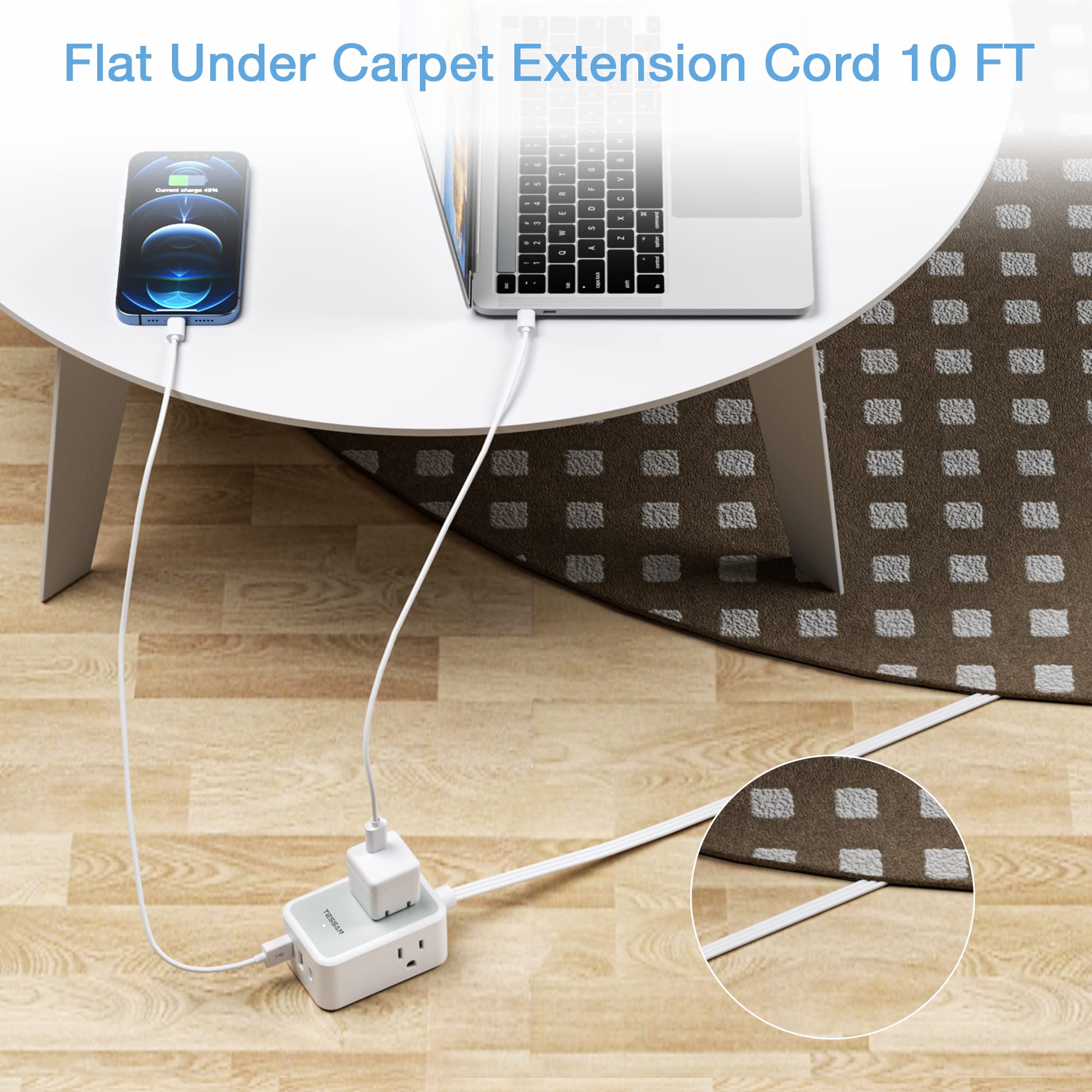 TESSAN Small Flat Plug Power Strip, Ultra Thin Extension Cord 5 ft, 3 AC Outlets with 3 USB Ports (1 USB C), Multiple Wall Outlet Extender for Cruise Travel Office School Dorm Room Essentials, Black