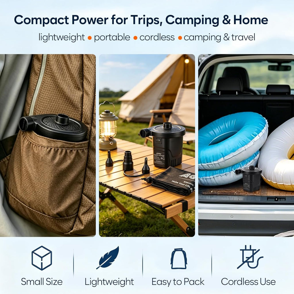 AGPTEK Rechargeable Air Pump, Electric Air Pump 4000mAh Battery Quick-Fill Inflator & Deflator with 3 Nozzles, Lightweight & Portable Perfect for Air Beds, Air Mattresses, Pool Toys & Inflatable