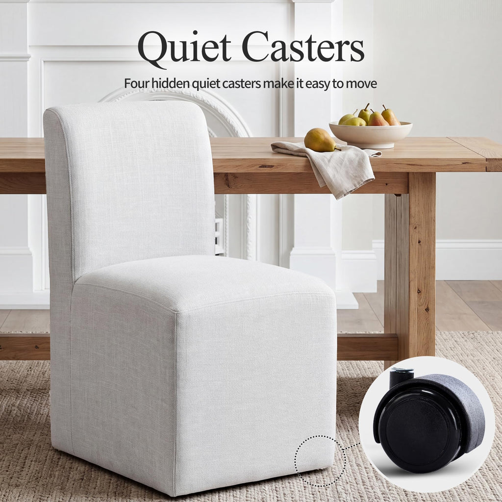 DUHOME Upholstered Dining Chair with Casters,Armless Modern Rolling Linen Dining Chairs with Wheels for Dining Room Bedroom Reading Room Living Room