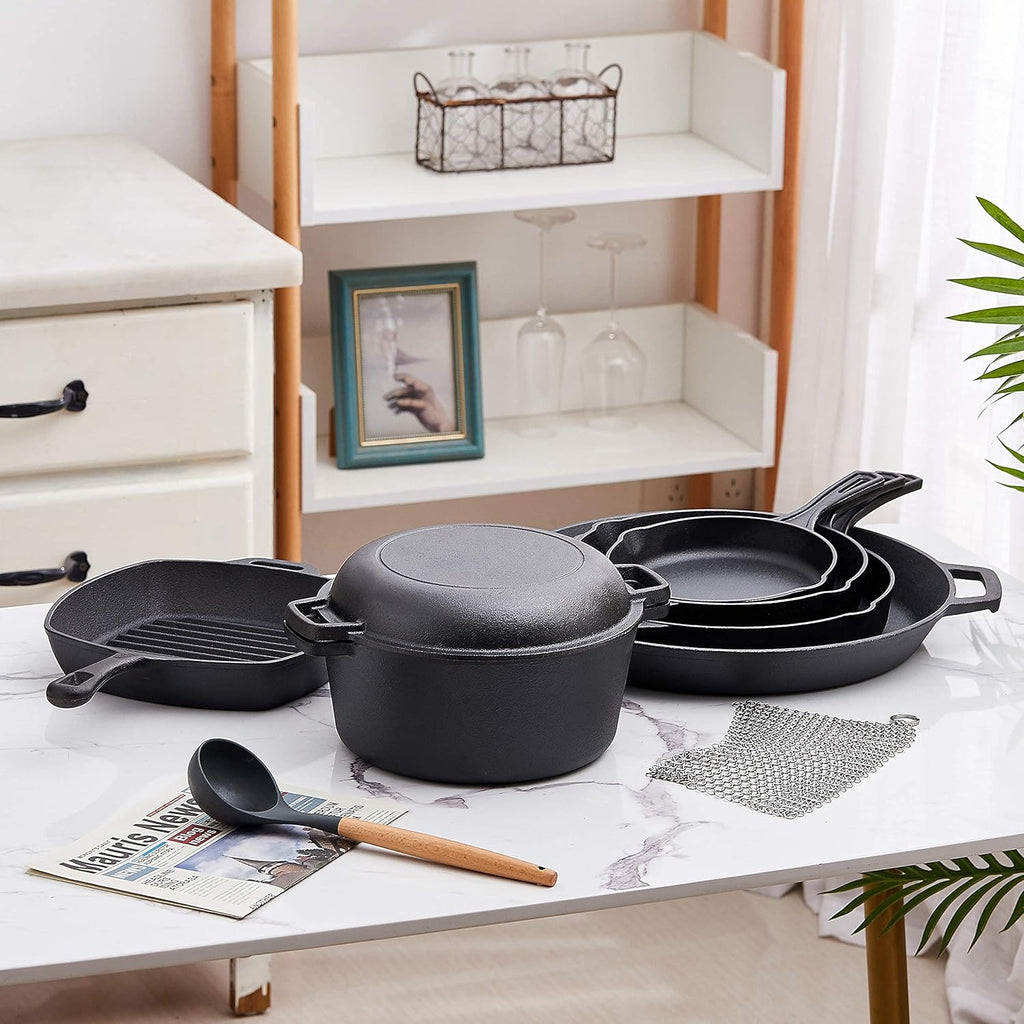 Bruntmor 8 Piece Cast Iron Cookware Set - Pre-Seasoned Pots and Pans Set with Cast Iron Skillets, Grill Pan, Dutch Oven, Pizza Pan, and Scrubber - Heavy Duty Cooking for Home Kitchen or Camping