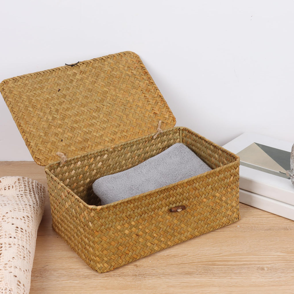 FEIALNDUO Wicker Shelf Baskets with Lid,Seagrass Storage Basket Bins Rectangular Handwoven Basket Boxes for Shelves Desktop Home Organizer (Coffee, X-Small)