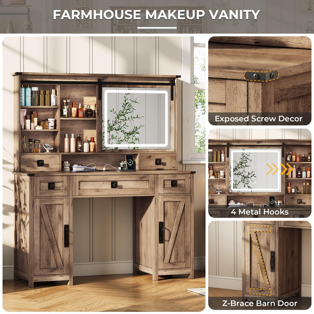 MSmask Makeup Vanity Desk with Lights, 47.2" Farmhouse Vanity Table with Sliding Mirror & Charging Station, Large Makeup Desk with 5 Drawers & 2 Cabinets, Rustic Oak