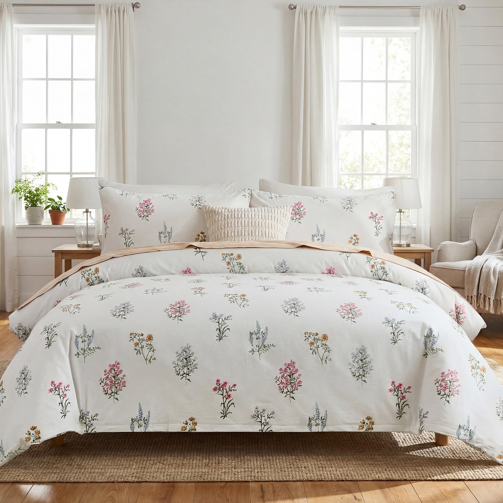100% Natural Cotton Comforter Set Queen 3 Pcs Grayish Blue Bedding Sets with Luxurious Damask Pattern, Reversible Breathable Soft Comforter Sets for All Season