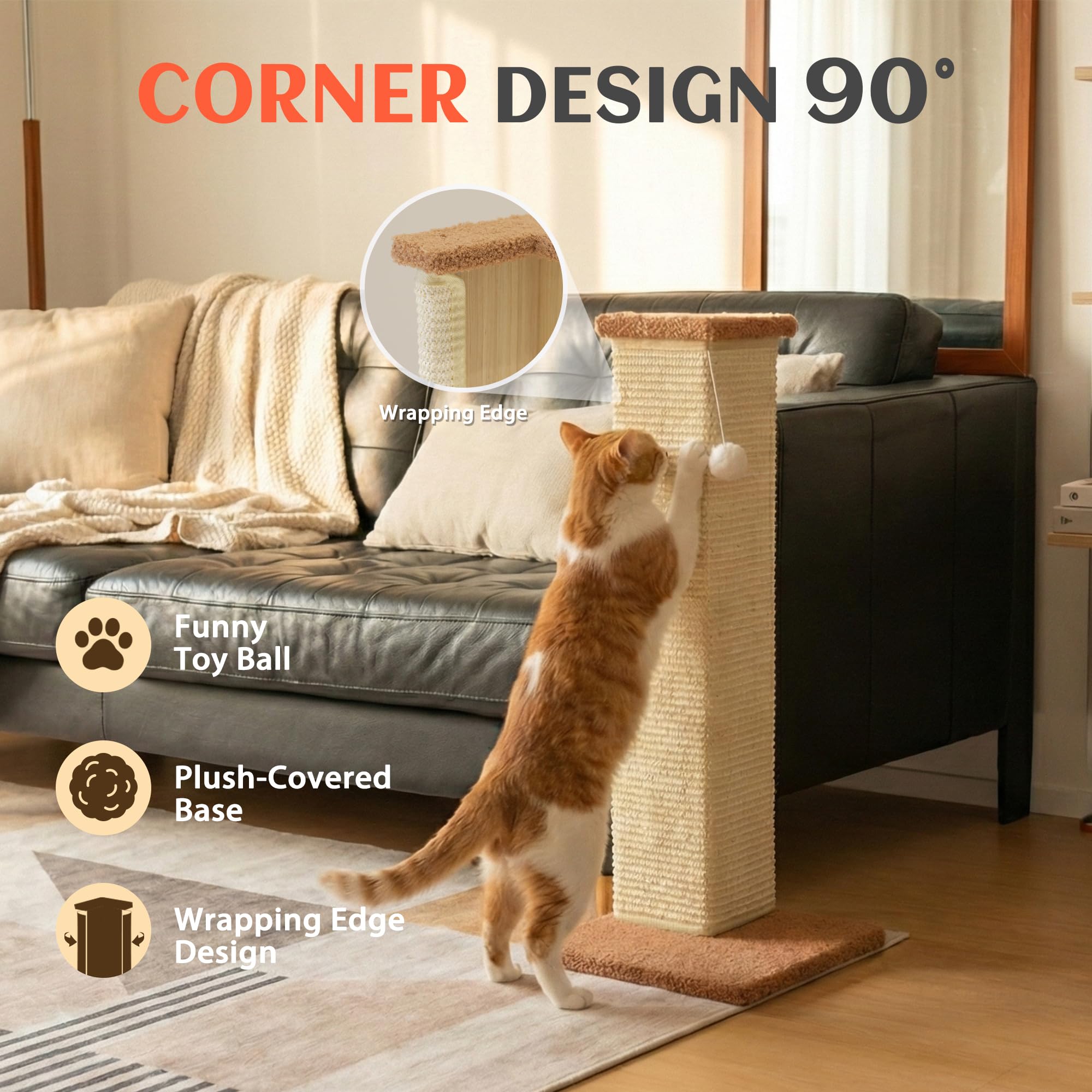 PETKARAY Couch Corner Cat Scratcher, 28.5" Sisal Scratching Post for Cats | Corner Wall Scratch Pad for Furniture Protection, Large Vertical Cat Scratching Post with Plush Base