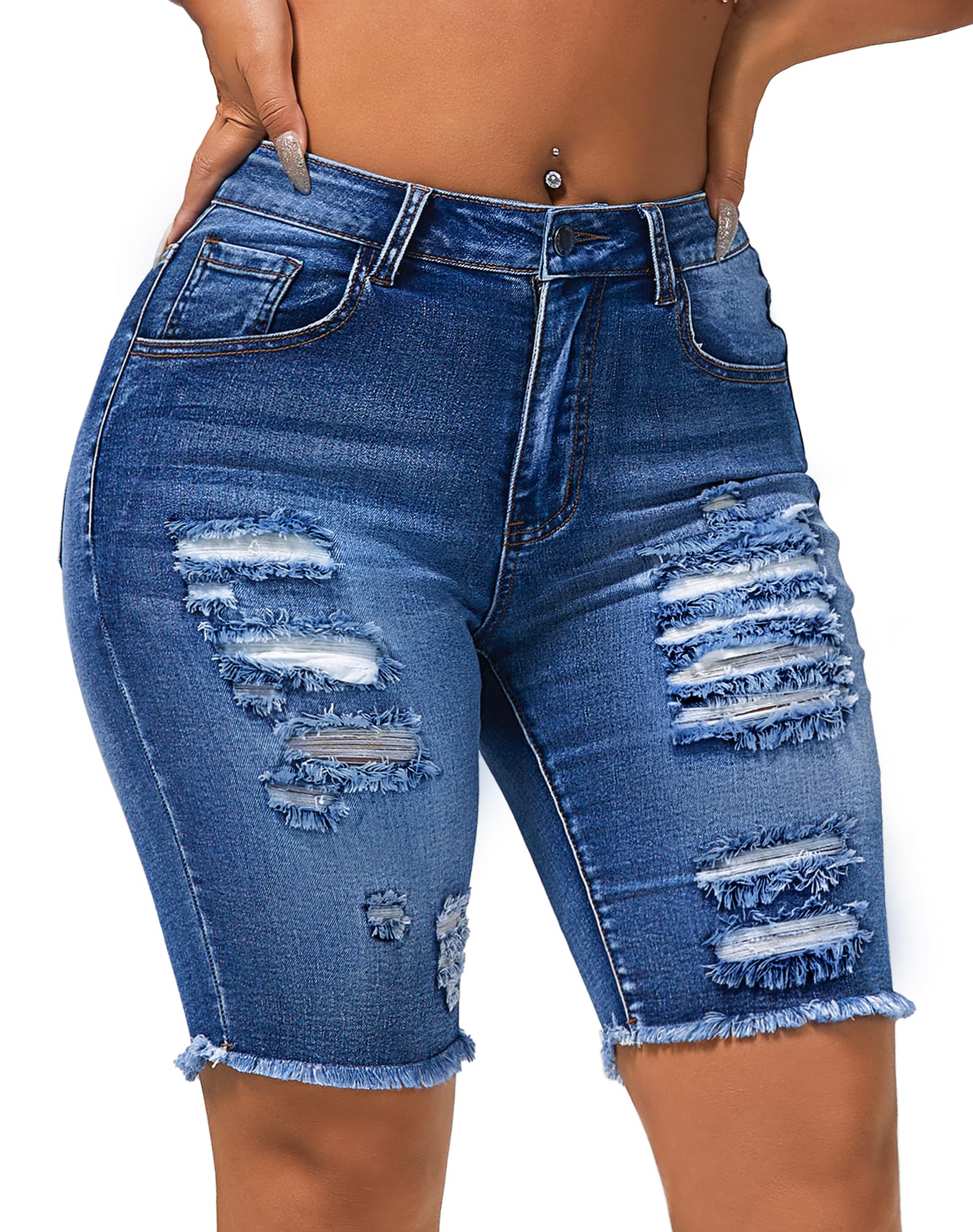 roswear Womens Ripped Stretchy Long Jean Shorts Mid Rise Frayed Cut Off Bermuda Shorts