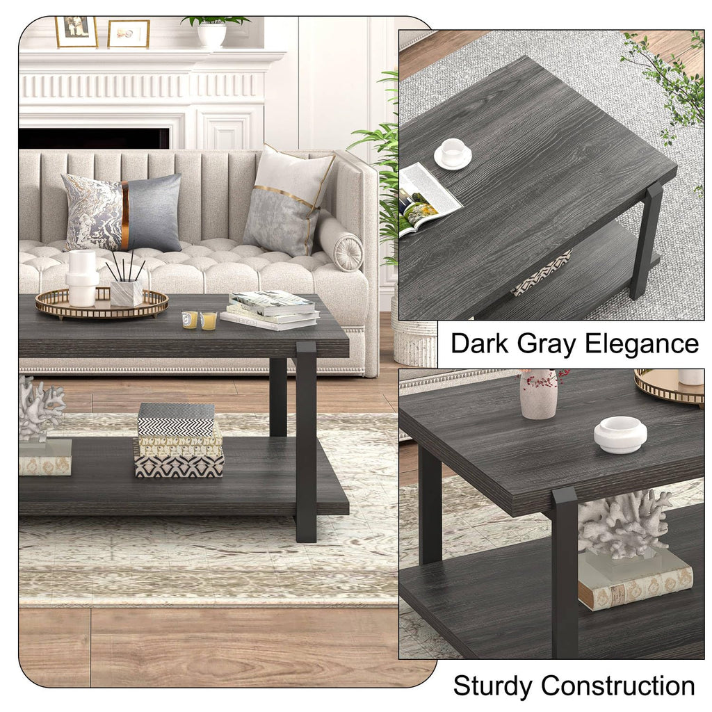 FOLUBAN Black Coffee Table, Modern Rustic Wood Center Table with Storage for Living Room, Industrial Rectangle 2 Tier Cocktail Tea Table, Black Oak