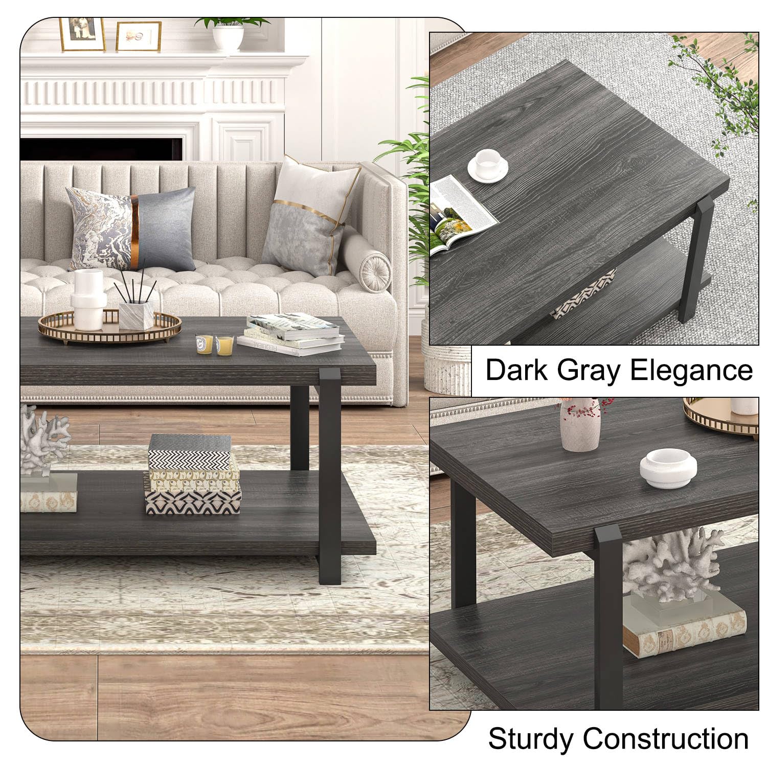 FOLUBAN Black Coffee Table, Modern Rustic Wood Center Table with Storage for Living Room, Industrial Rectangle 2 Tier Cocktail Tea Table, Black Oak