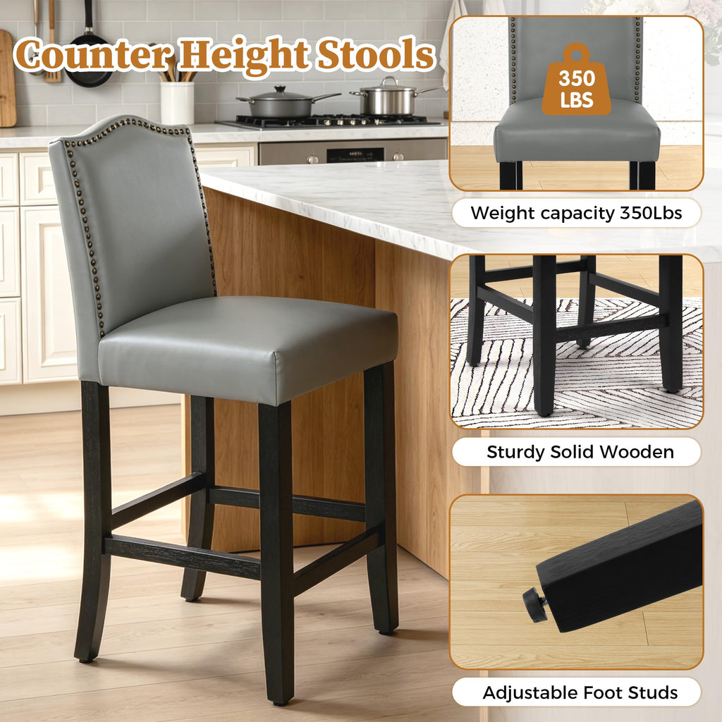 LSSPAID Counter Height Bar Stools Set of 2, 24.8 Inch Modern Upholstered Fabric Barstools, Kitchen Island Chairs with Bronze Nail Backrest and Solid Wood Legs for Kitchen Pub Home Cafe, Beige