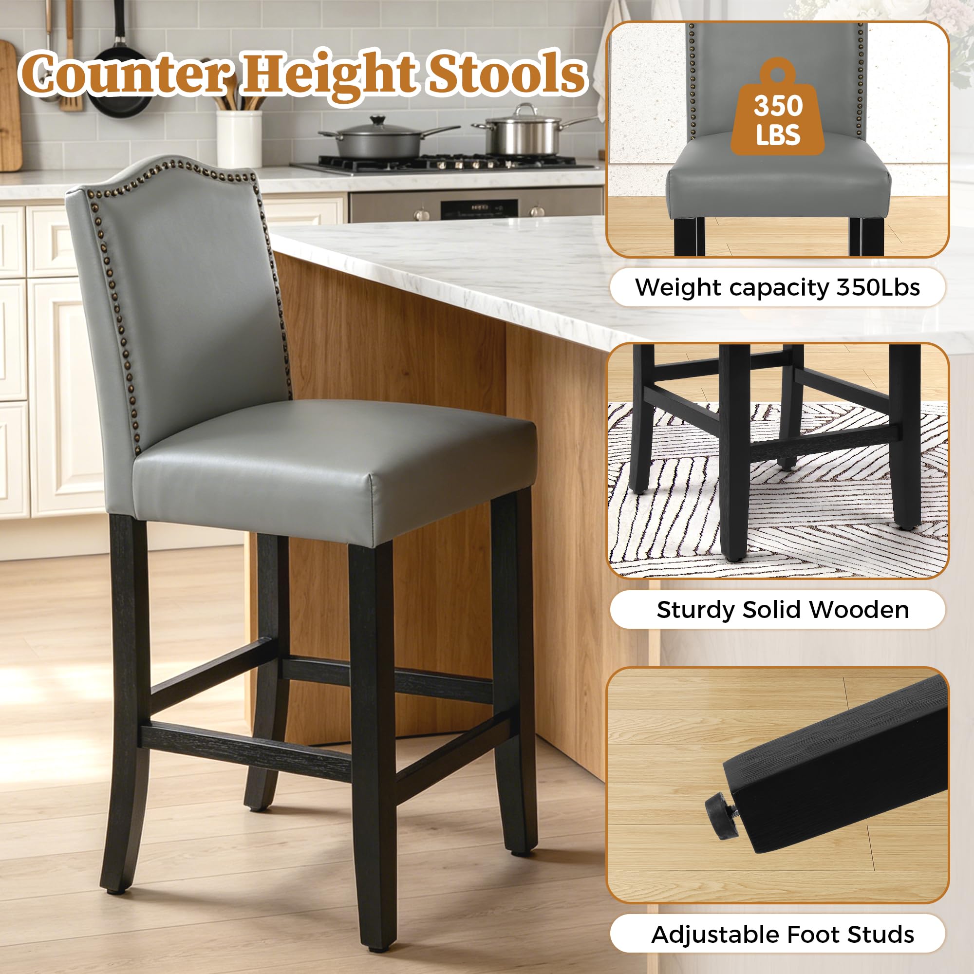 LSSPAID Counter Height Bar Stools Set of 2, 24.8 Inch Modern Upholstered Fabric Barstools, Kitchen Island Chairs with Bronze Nail Backrest and Solid Wood Legs for Kitchen Pub Home Cafe, Beige