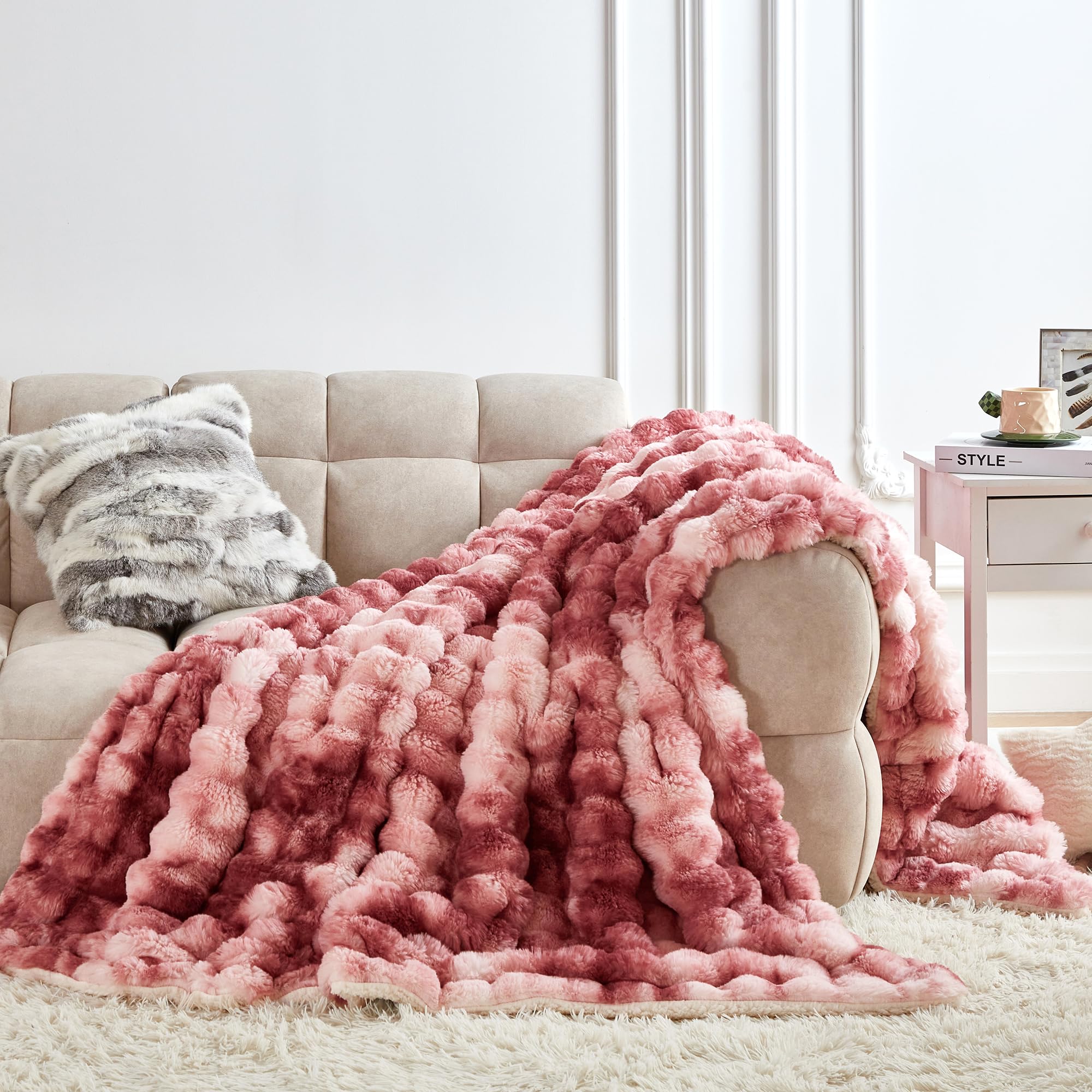 50x60 Inches Ultra-Soft Fuzzy Faux Fur Plush Throw Blanket - Thick, Warm Sherpa for Couch, Sofa, Bedroom, Camping - Decorative Blanket for Cozy Warmth, Bubble Grey