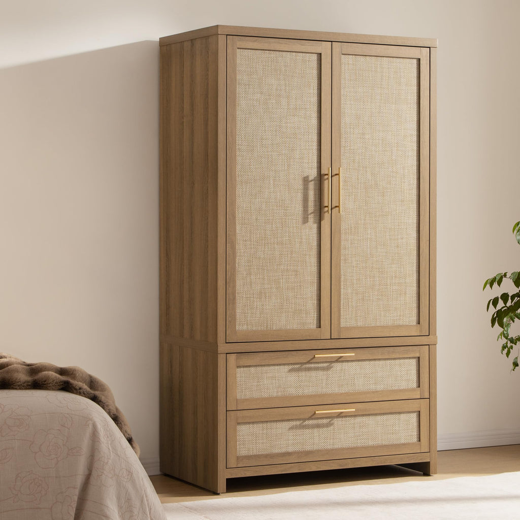 SICOTAS Rattan Armoire Wardrobe Closet Cabinet, 71" Wardrobe Storage Cabinet with Doors, 2 Drawers and Hanging Rod, Boho Large-Capacity Deep Armoire Clothes Organizer for Bedroom, Black Oak