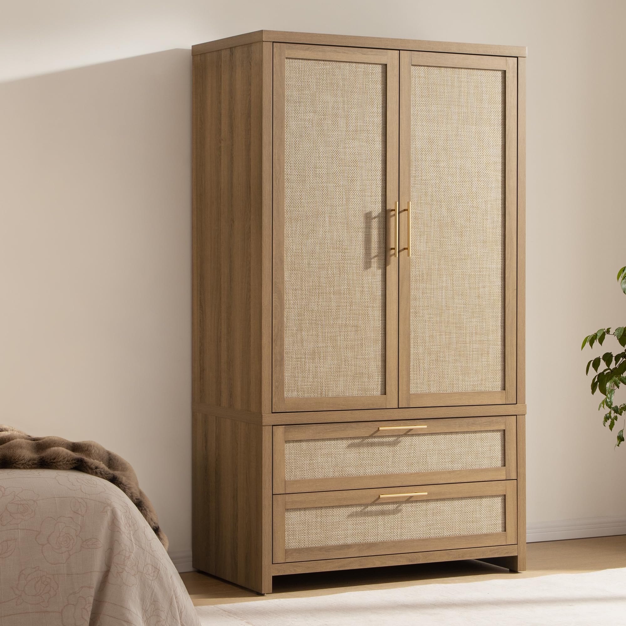 SICOTAS Rattan Armoire Wardrobe Closet Cabinet, 71" Wardrobe Storage Cabinet with Doors, 2 Drawers and Hanging Rod, Boho Large-Capacity Deep Armoire Clothes Organizer for Bedroom, Black Oak