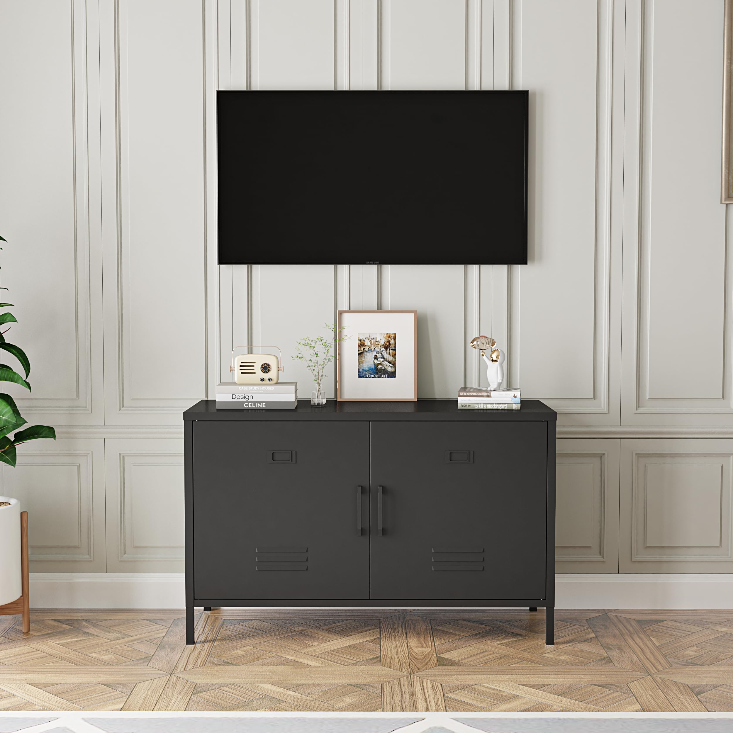 2 Door Steel Accent Cabinet,Black Metal Storage Cabinet with Adjustable Shelf,2-Tier Office Cabinet,Multipurpose Metal Locker Storage Cabinet for Office Home,Music Studio
