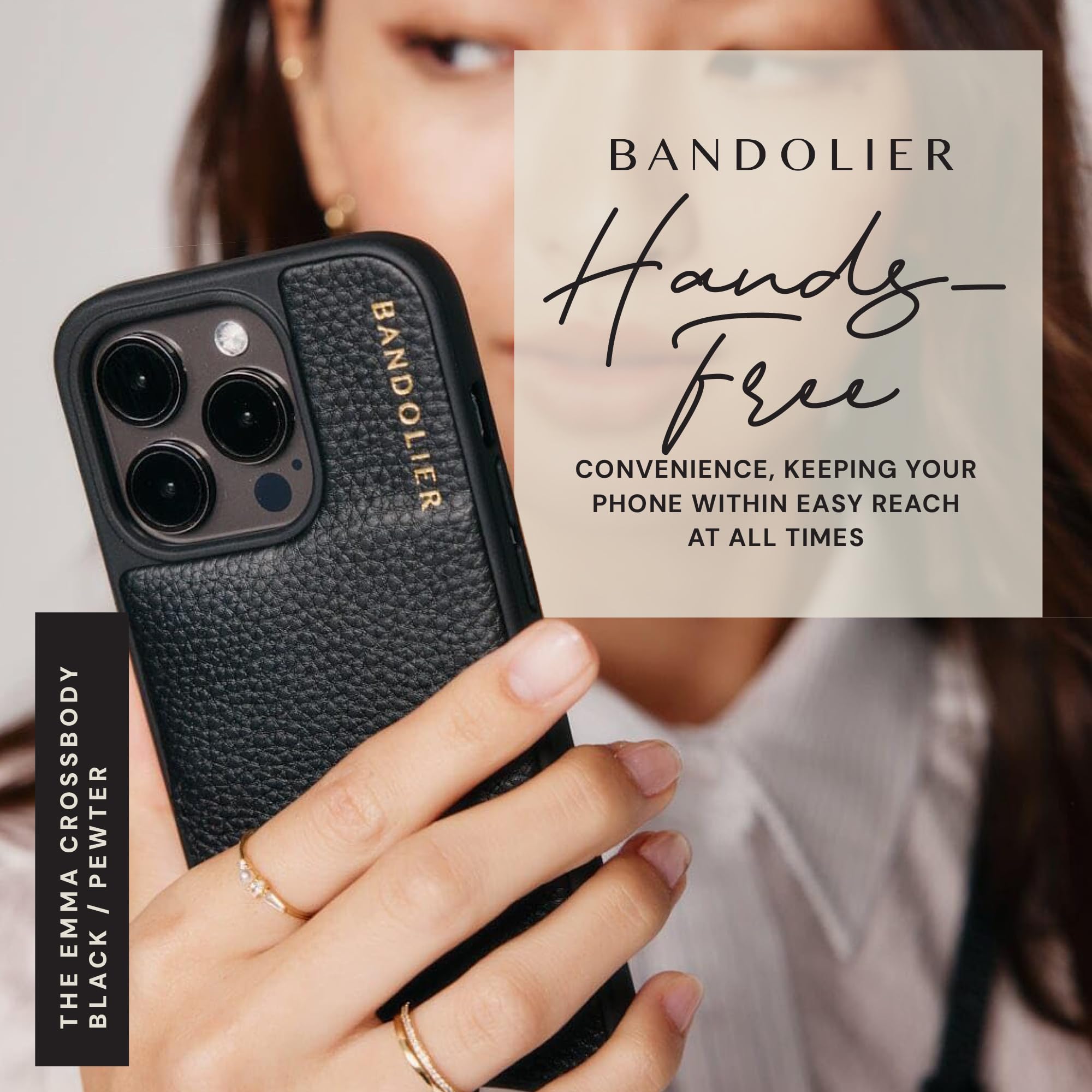Bandolier Emma Crossbody Wallet Phone Case for iPhone 15 Pro Max. 100% Genuine Pebble Leather. Adjustable & Removable Crossbody Strap. Card Holder with Snap Closure. Black with Gold Hardware
