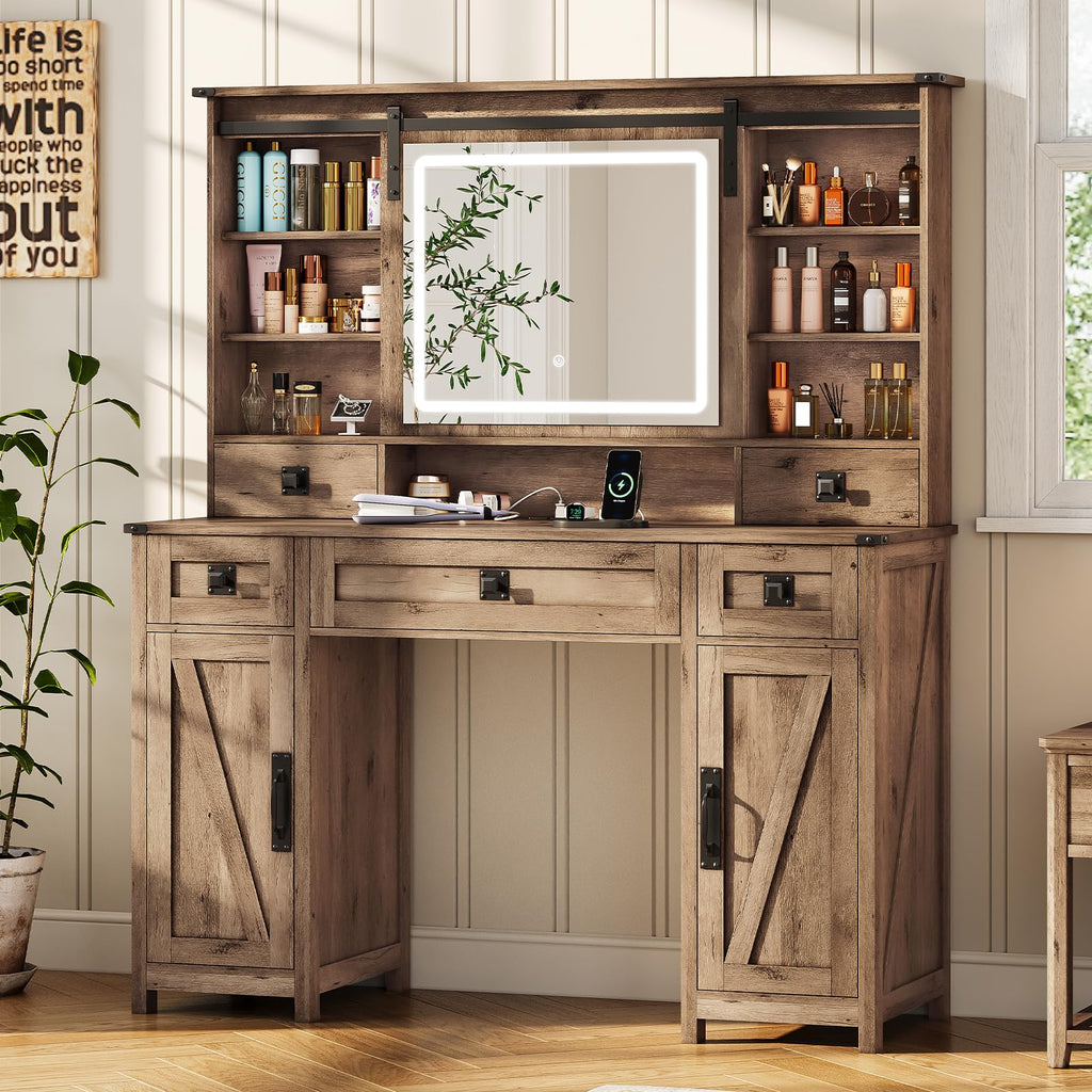 MSmask Makeup Vanity Desk with Lights, 47.2" Farmhouse Vanity Table with Sliding Mirror & Charging Station, Large Makeup Desk with 5 Drawers & 2 Cabinets, Rustic Oak
