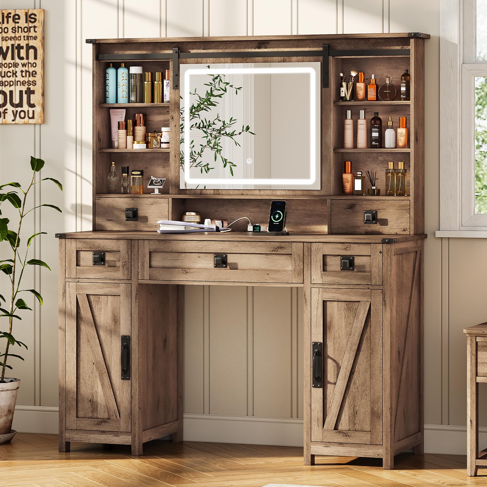 MSmask Makeup Vanity Desk with Lights, 47.2" Farmhouse Vanity Table with Sliding Mirror & Charging Station, Large Makeup Desk with 5 Drawers & 2 Cabinets, Rustic Oak