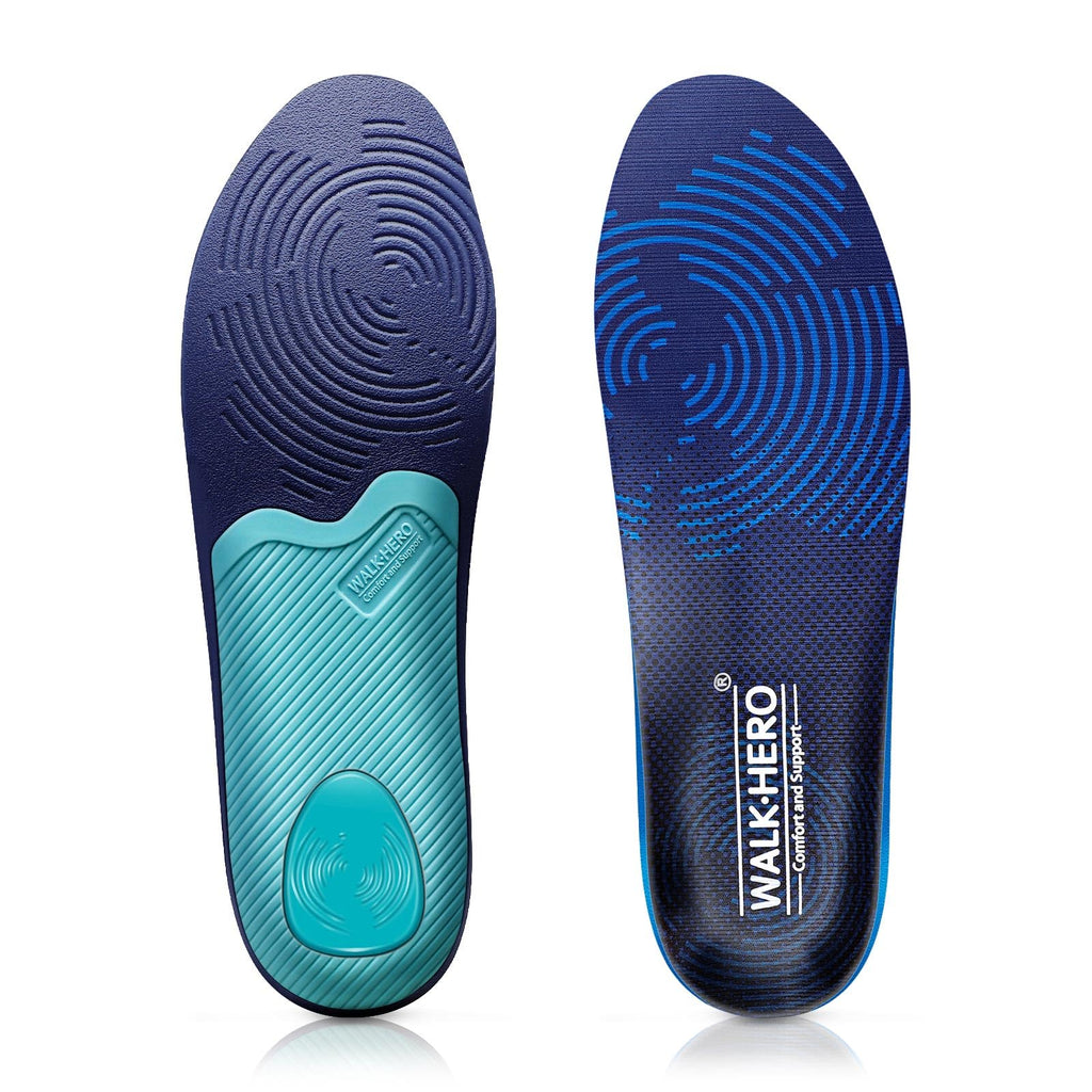 WalkHero Plantar Fasciitis Insoles - Medium Arch Support Inserts for Men & Women with Comfort Cushion | Orthotic Inserts to Relieve Foot Pain and Provide Shock Absorption (Blue) Mens 4-4 1/2