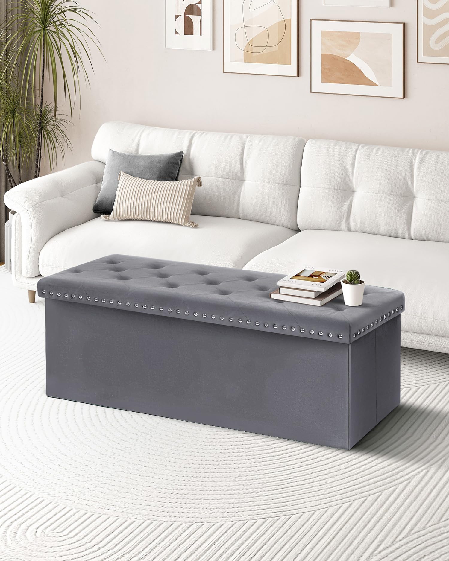 B FSOBEIIALEO Storage-Ottoman Cube-Folding Tufted - Ottomans with Storage, Coffee Table Top Cover, Storage Boxes Footrest Stool for Bedroom, Luxury Velvet Fabric 15.7 Inches Black