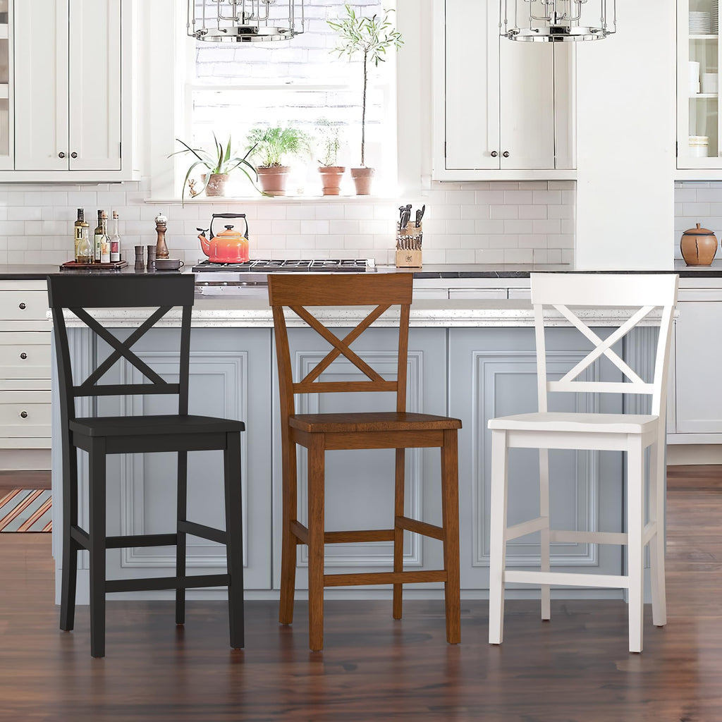Cozyman Bar Stools Set of 2, 24" H Wooden Counter Stools with Back and Footrest, X-Back Farmhouse Barstools for Kitchen Island, Home Bar, Black