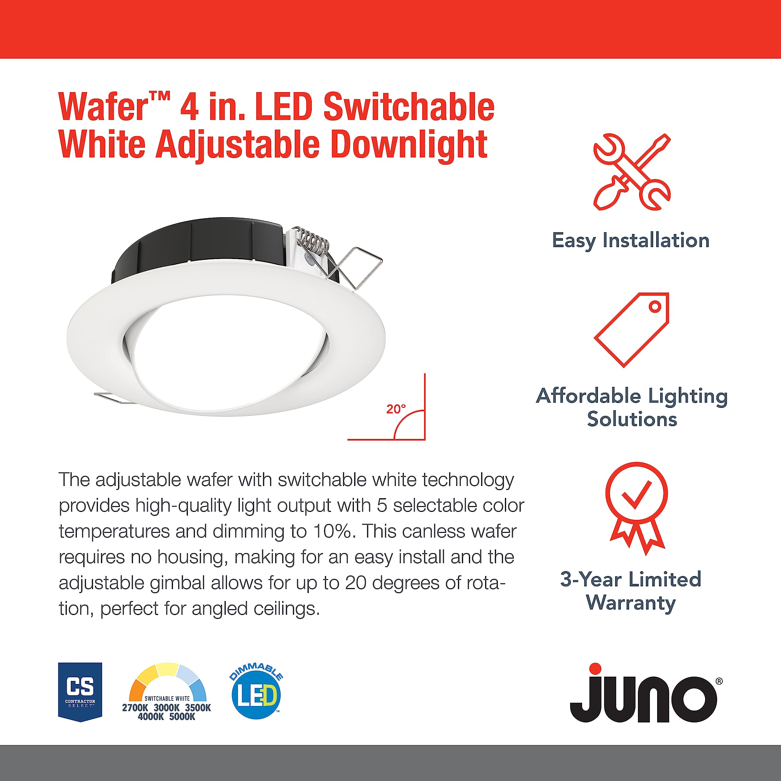 Juno LED Shower Light, Adjustable 4 Inch Wafer Downlight, Switchable Color Temperature 2700K/3000K/3500K/4000K/5000K, 90+ CRI, Matte White, 4-Inch