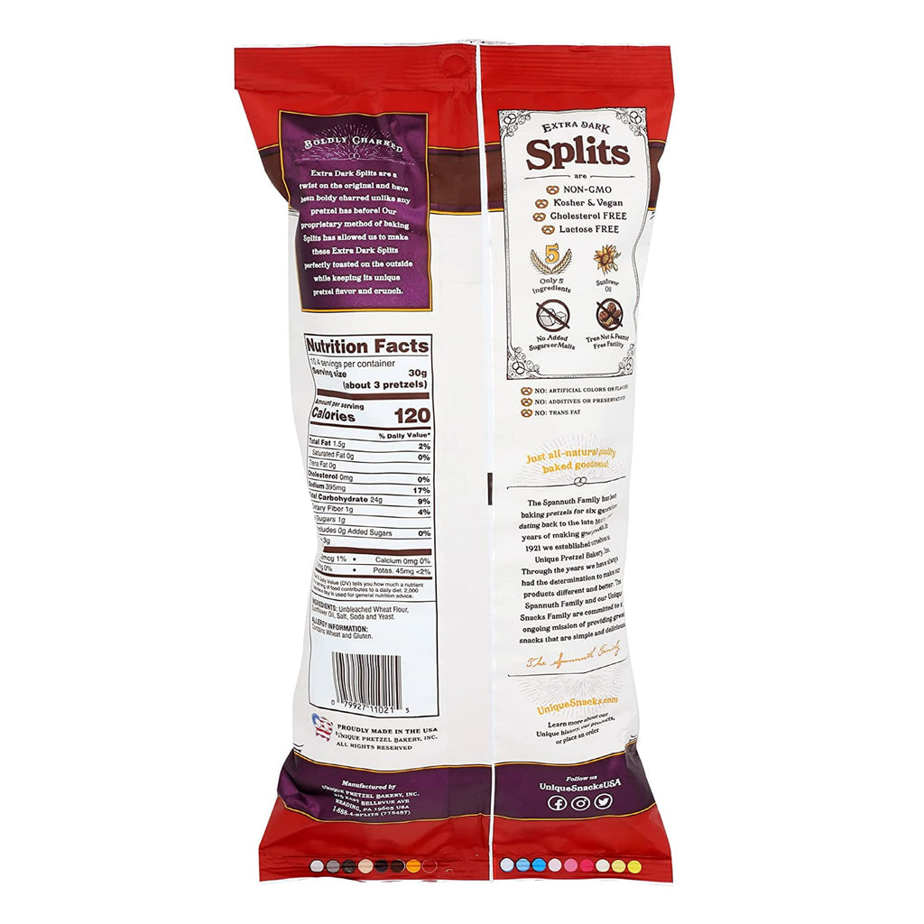 Unique Snacks Extra Dark Splits Pretzels, Original Split-Open Pretzels, Delicious Homestyle-Baked Snack Bag, Vegan, OU Kosher, and Non-GMO Food, No Artificial Flavor, 2 Oz. Bag, Pack of 12