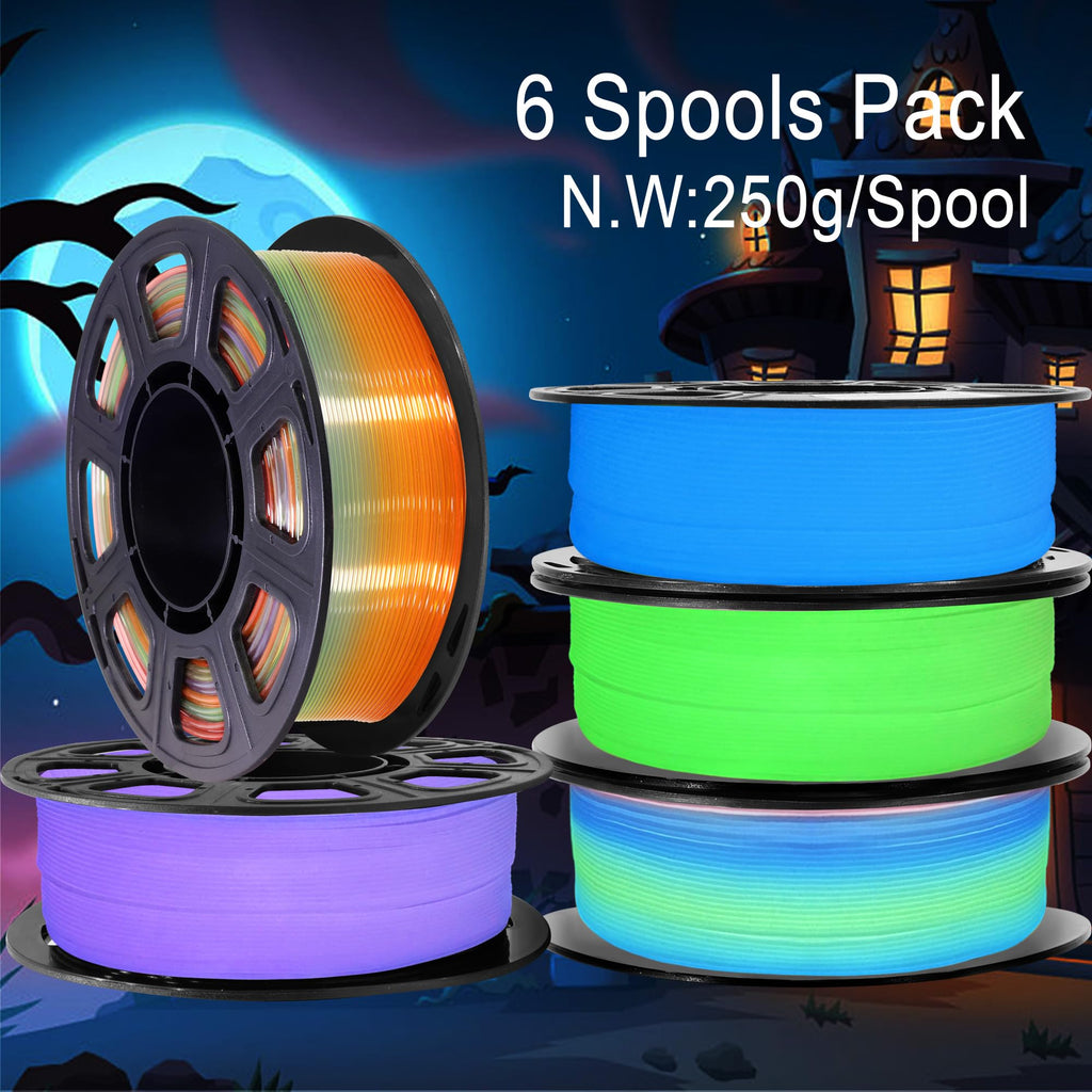 1.75mm PLA 3D Printer Filament Bundle: Glow in Dark Green/Blue/Purple/Rainbow, One Spool Clear Multi Colored, Each Spool 250g, Total 1.25Kg 3D Printing Material, 250g x 5 Spools Glow in Dark PLA