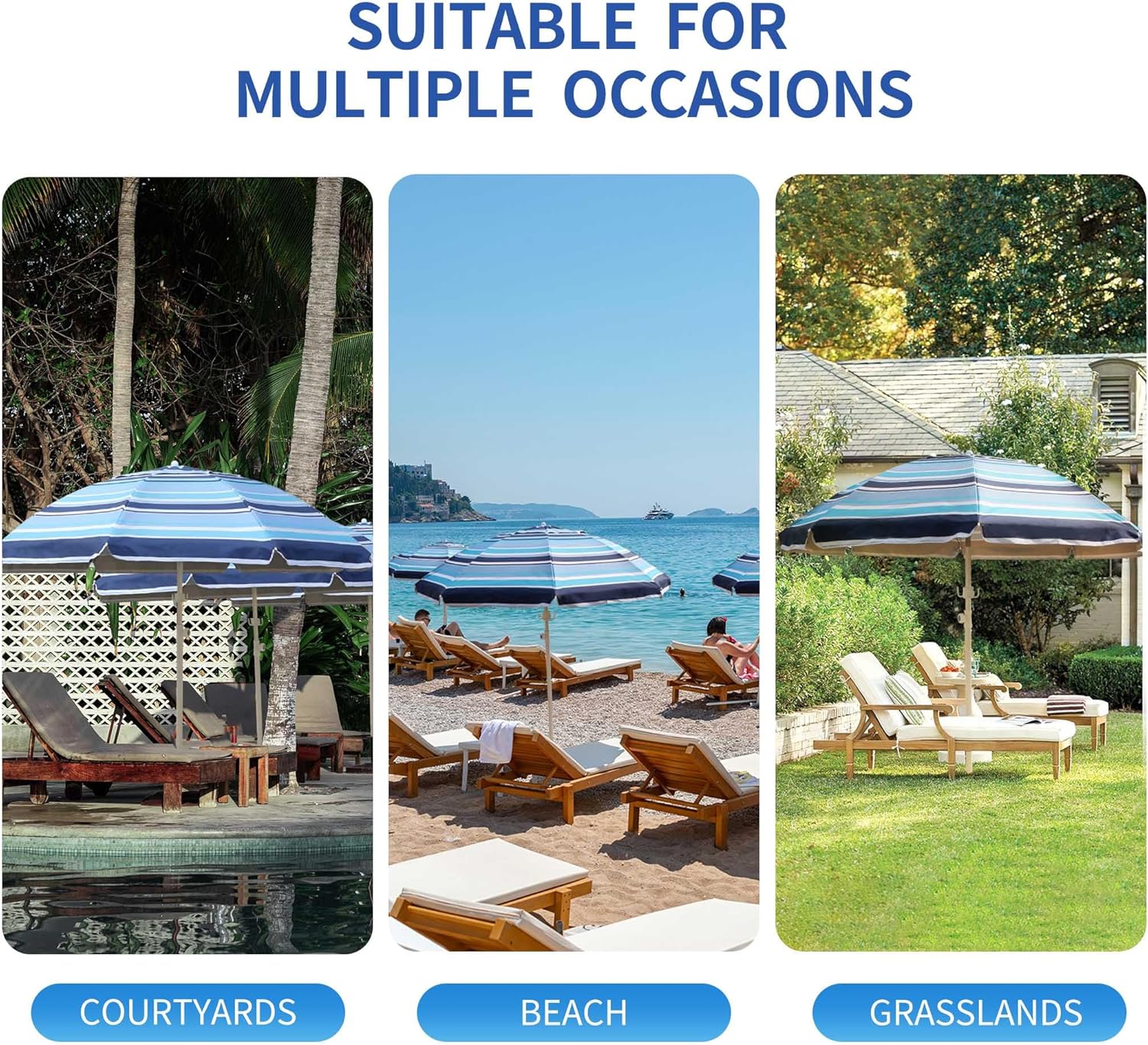 Deluwire 7ft Heavy Duty High Wind Beach Umbrella Parasols with sand anchor & Tilt Sun Shelter, UV 50+ Protection Outdoor Sunshade Umbrellas Carry Bag for Patio Garden Pool Backyard Stripe Blue insert completely into the sand