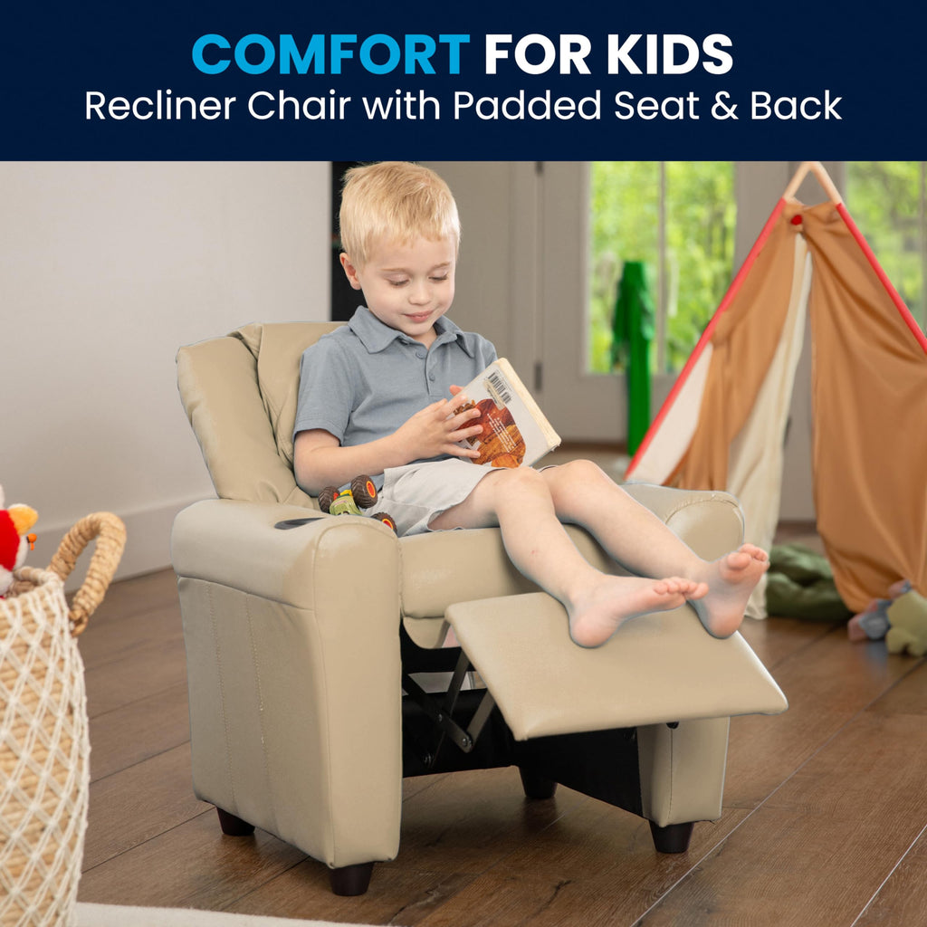 Flash Furniture Vana Vinyl Kids Recliner with Cup Holder, Headrest, and Safety Recline, Contemporary Reclining Chair for Kids, Supports up to 90 lbs., Beige