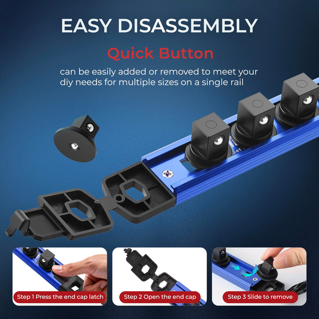 Reniteco Magnetic Socket Organizer Set, 3-Piece 1/2" 3/8" 1/4" Drive Aluminum Alloy Socket Holder with 40PC 360° Swivel Removable Clips, Magnetic Socket Rail for Tool Box Drawer, Black