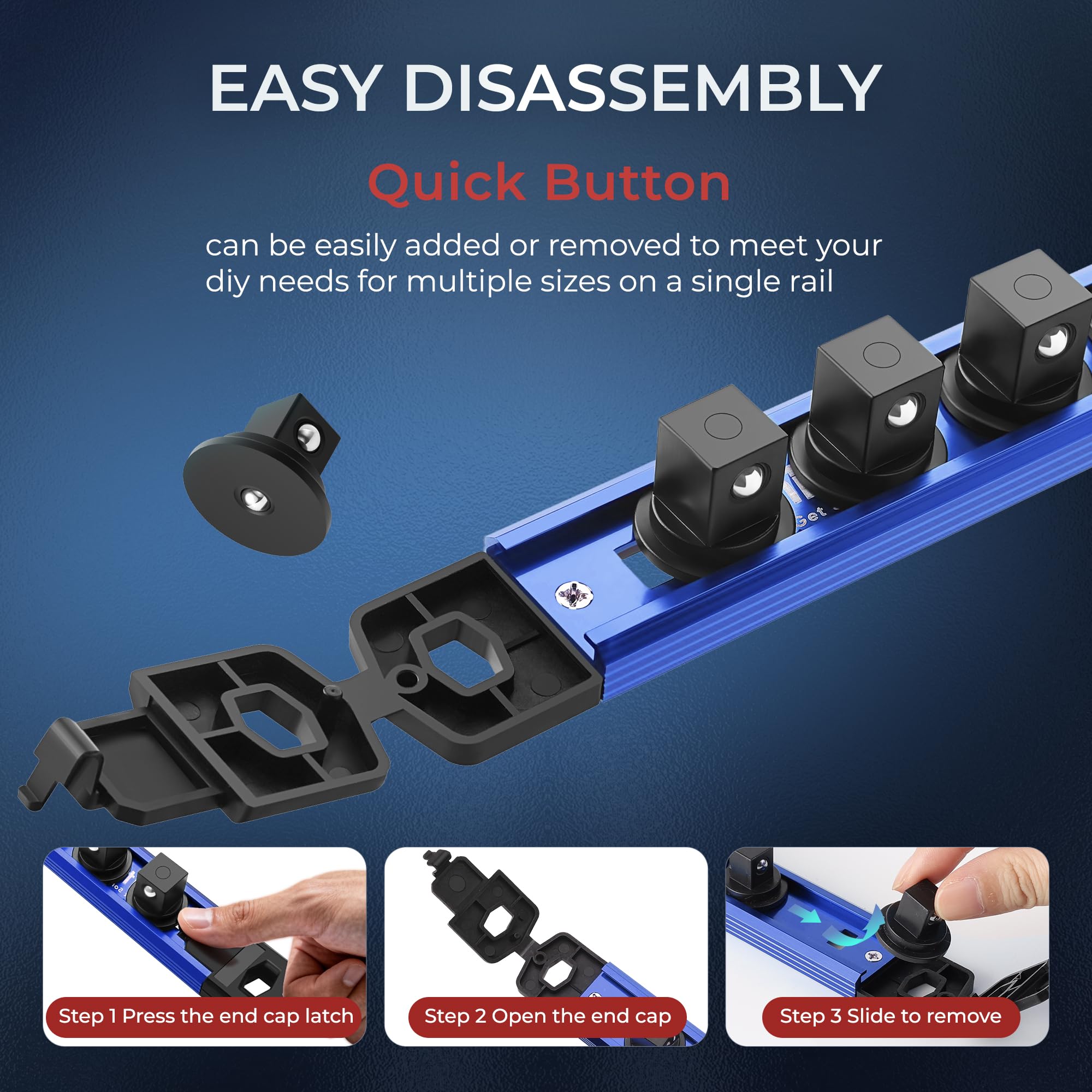 Reniteco Magnetic Socket Organizer Set, 3-Piece 1/2" 3/8" 1/4" Drive Aluminum Alloy Socket Holder with 40PC 360° Swivel Removable Clips, Magnetic Socket Rail for Tool Box Drawer, Black