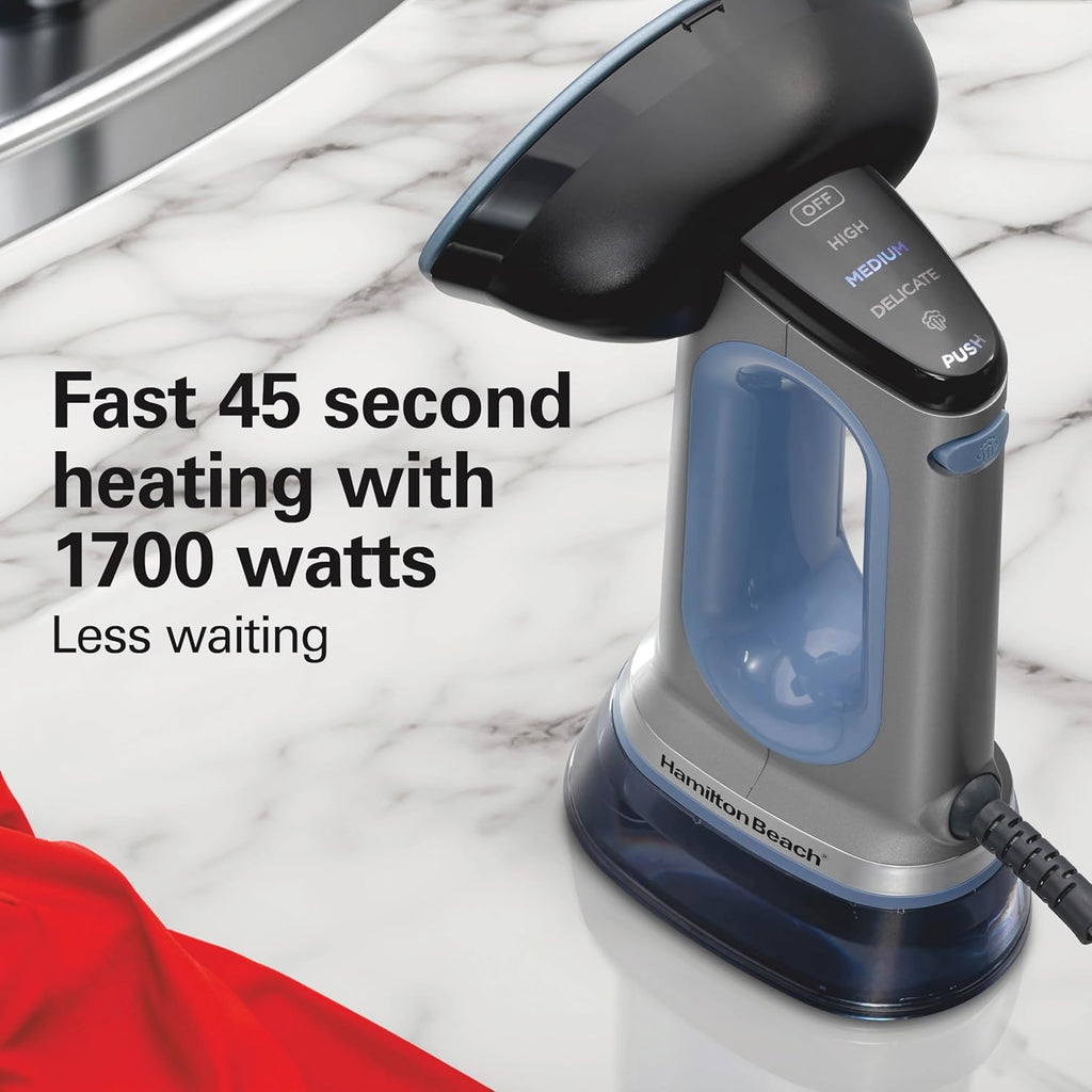 Hamilton Beach Durathon 3-in-1 Travel Steamer for Clothes & Steam Iron | 45 Second Heat-Up with 1700 Watts | 300ml Removable Water Tank | 27 Minutes of Steam | Auto Shutoff | Gray & Blue | 11559