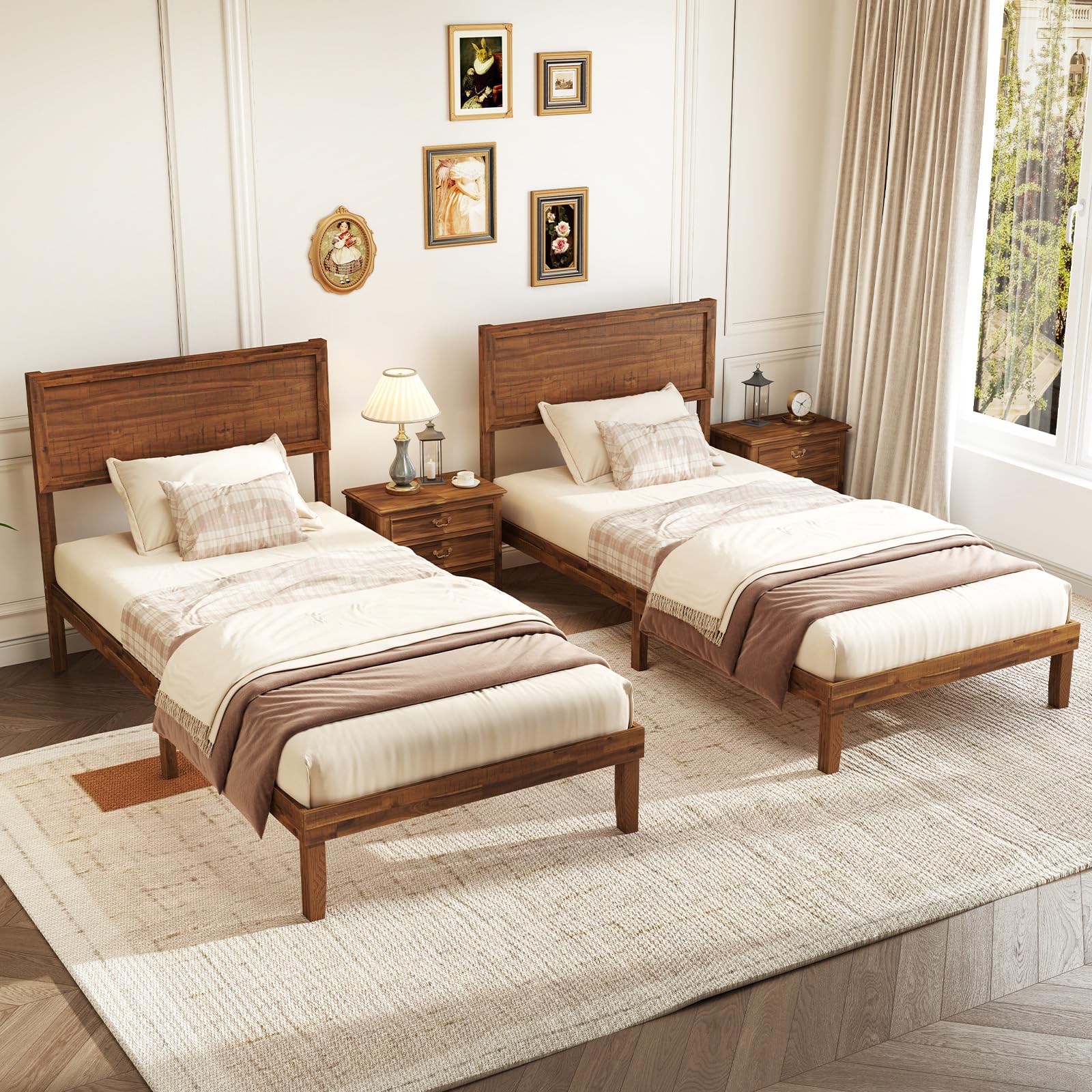 Giantex Wood Twin Bed Frames with Headboard, Solid Acacia Wood Platform Bed with 12 Strong Wooden Slat Support, Scandinavian Style Art Deco Twin Size Bed Frame, No Box Spring Needed, Rustic Brown